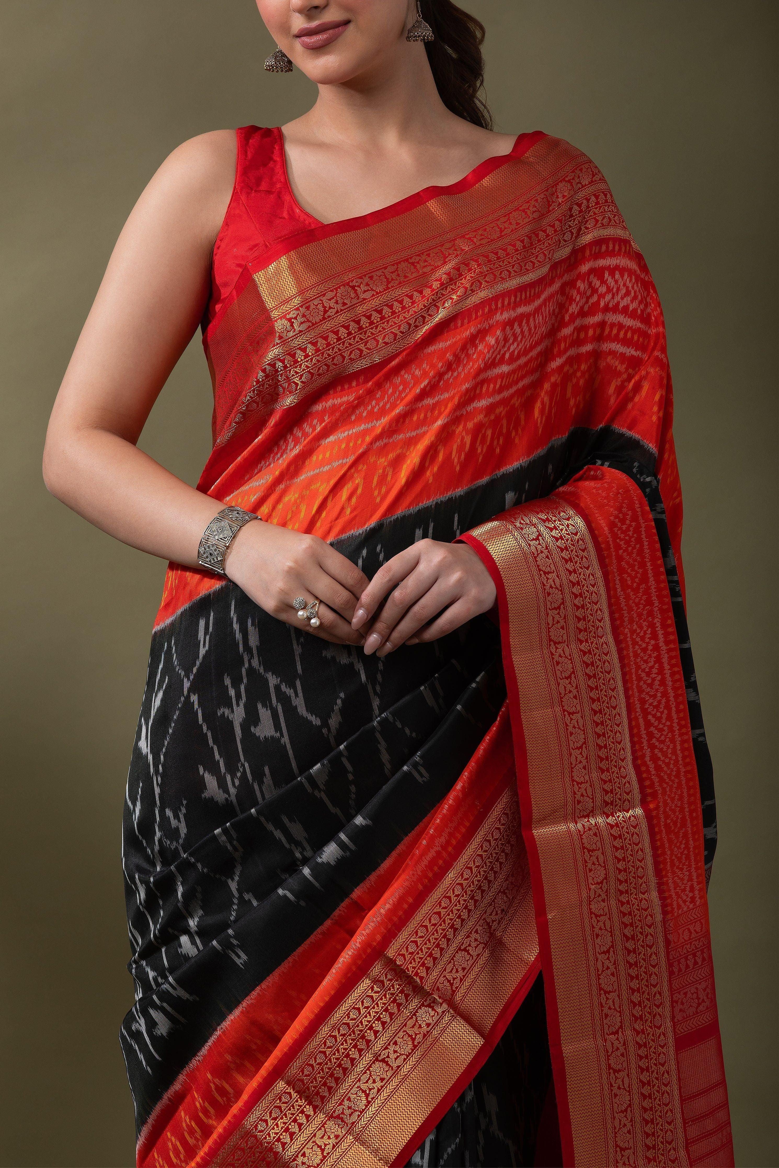 Fiery Red and Black Ikat Silk Saree - Mokshaa