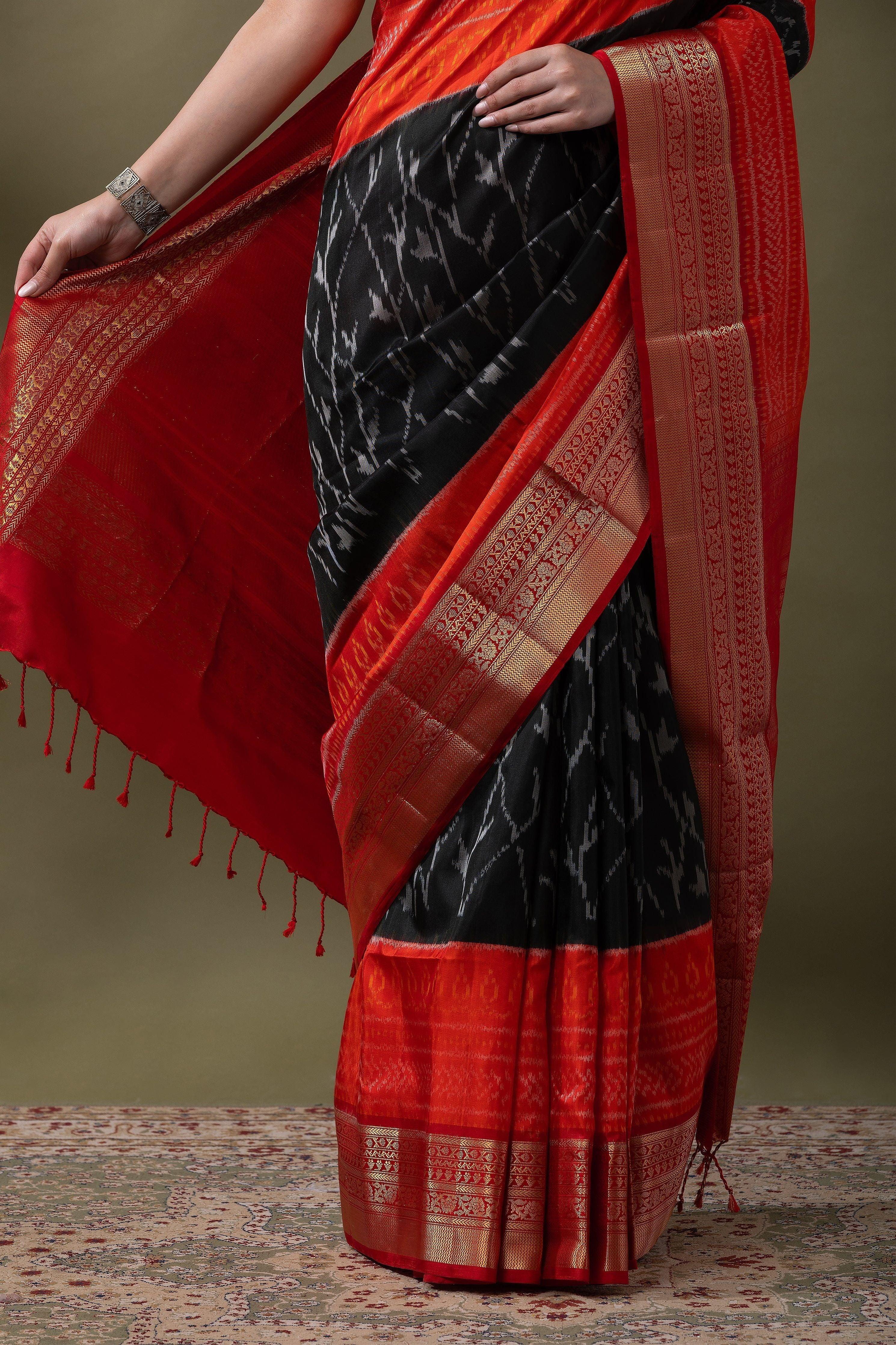 Fiery Red and Black Ikat Silk Saree - Mokshaa