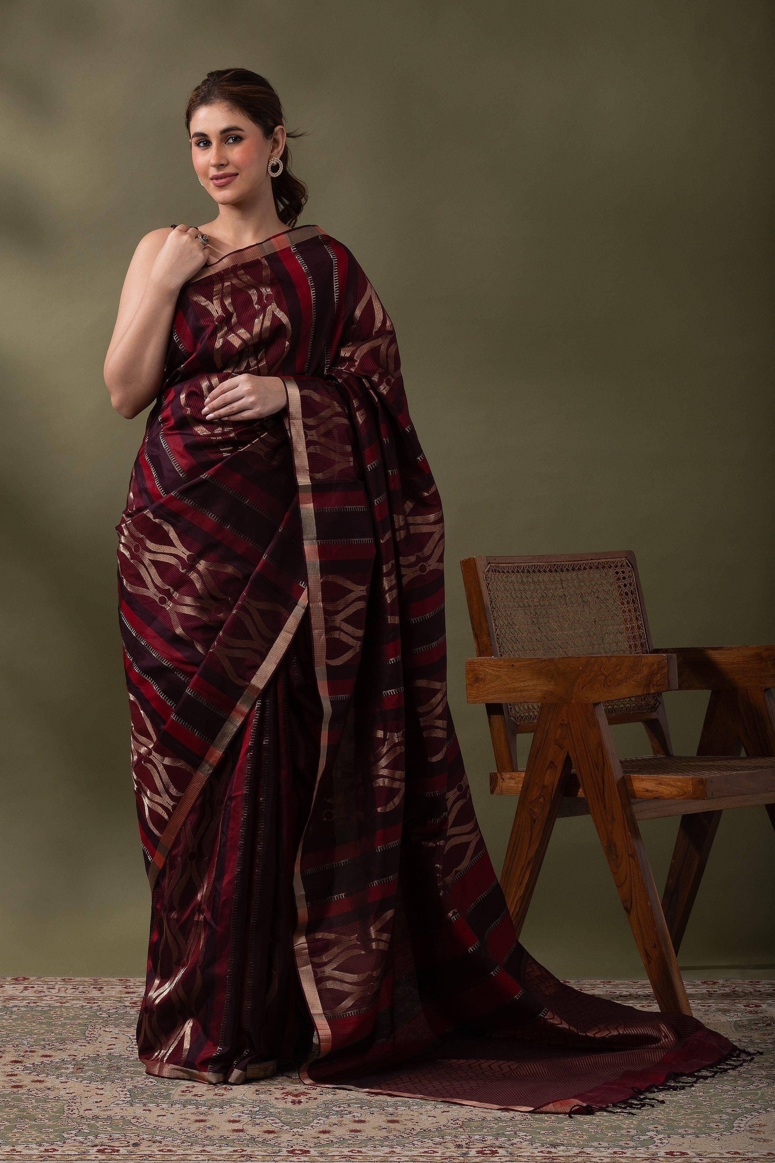 Brown & Maroon Soft Silk Saree - Mokshaa