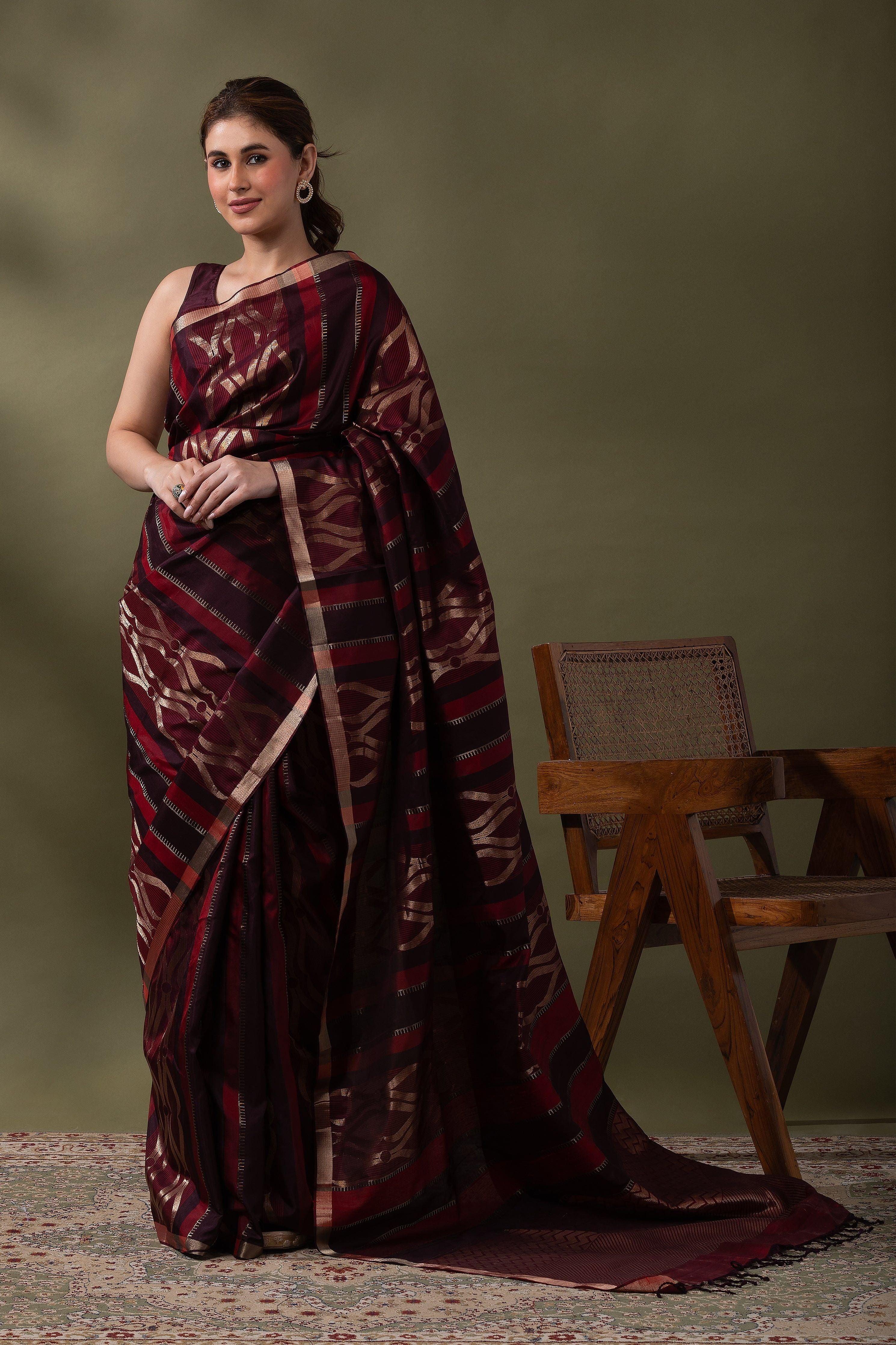 Brown & Maroon Soft Silk Saree - Mokshaa
