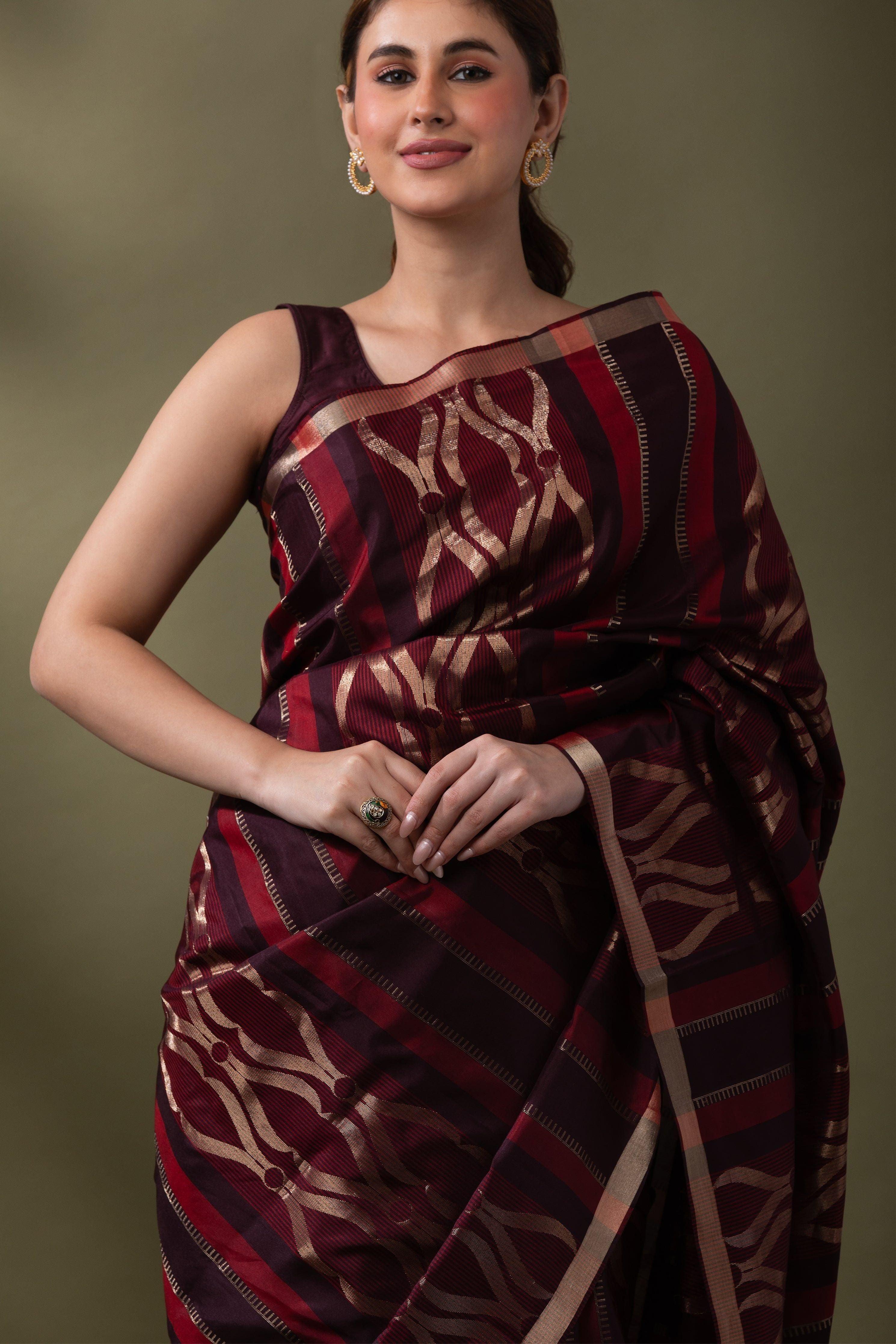 Brown & Maroon Soft Silk Saree - Mokshaa