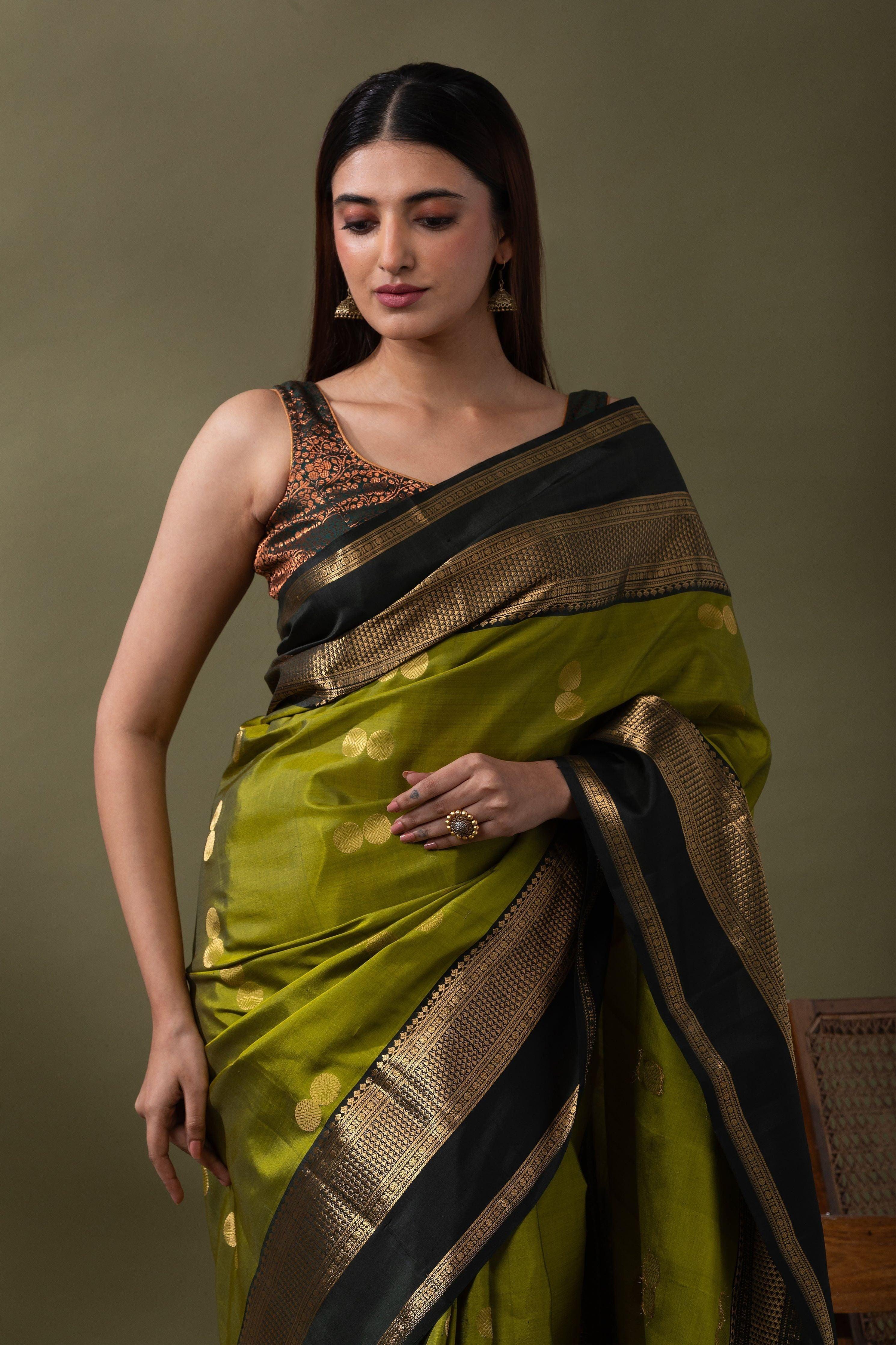 Green and Black Soft Silk Saree - Mokshaa