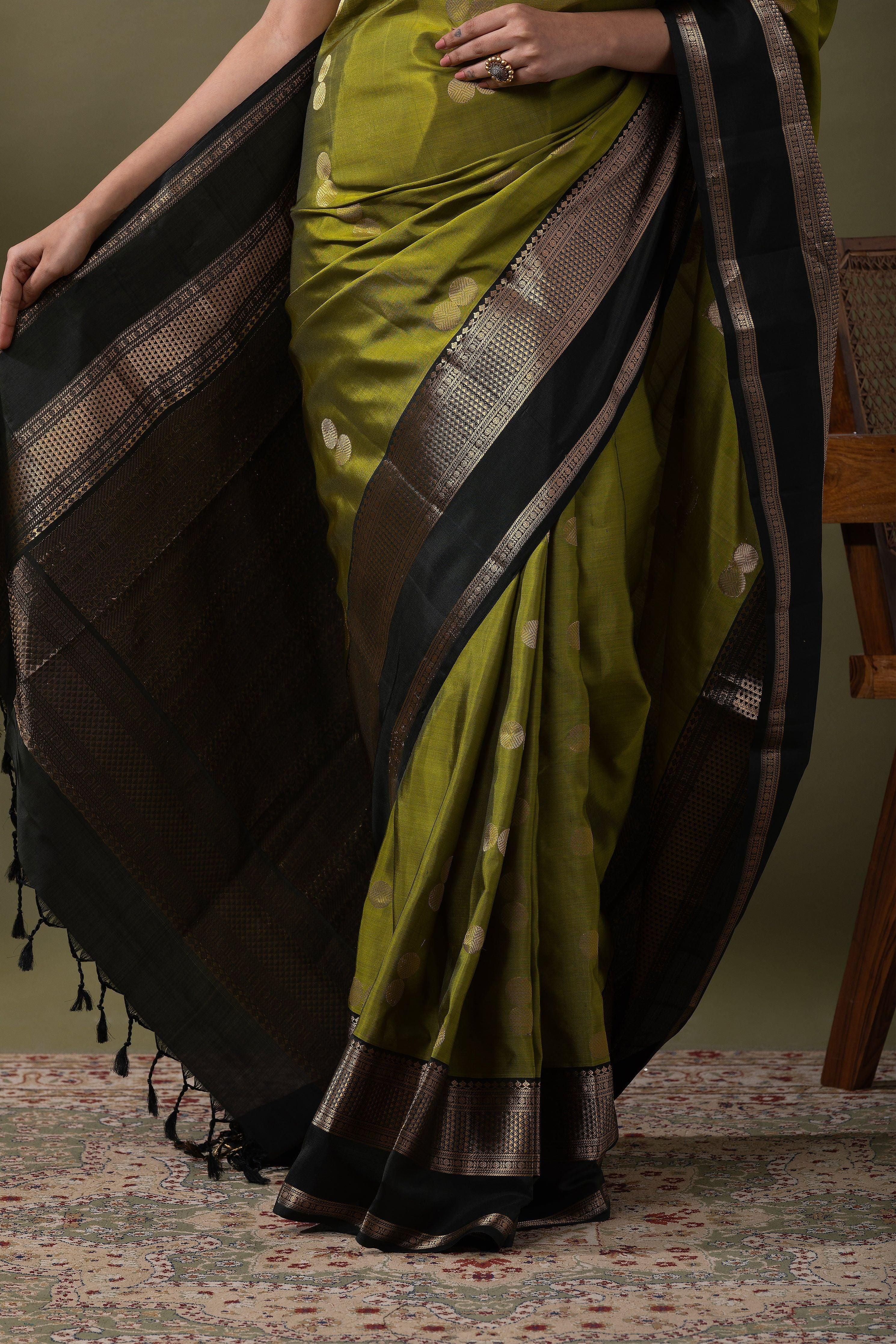 Green and Black Soft Silk Saree - Mokshaa