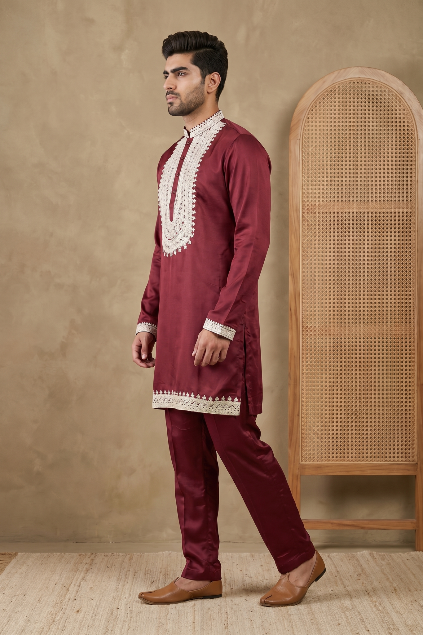 Wine Nysa Silk Kurta Set with Thread Work