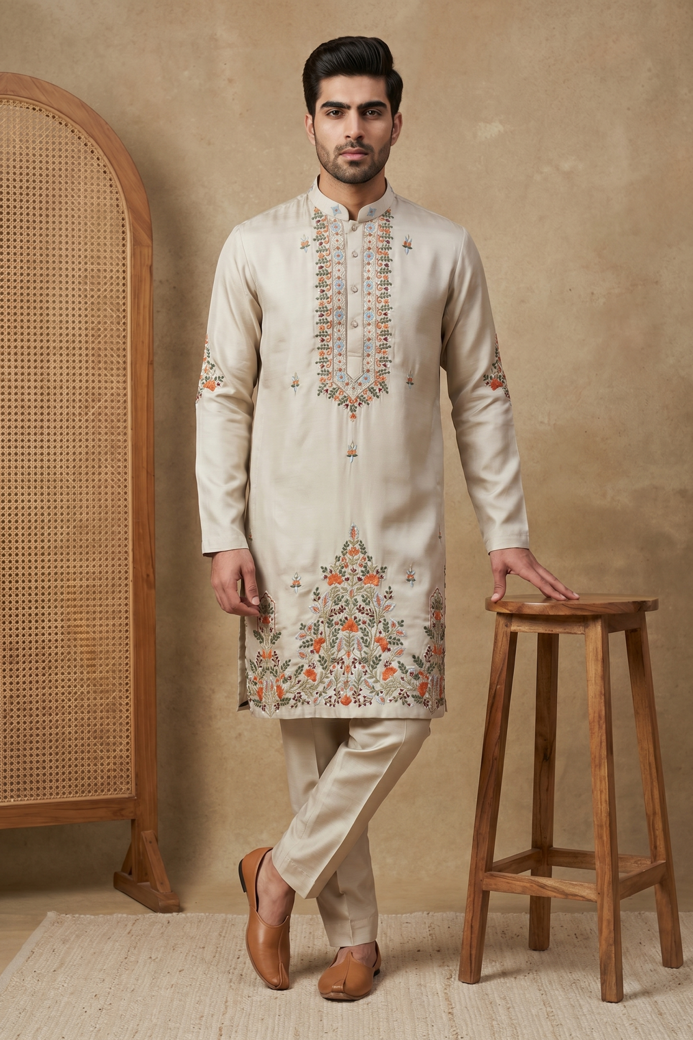 Light Grey Nysa Silk Kurta Set with Cutdana Bead Embroidery