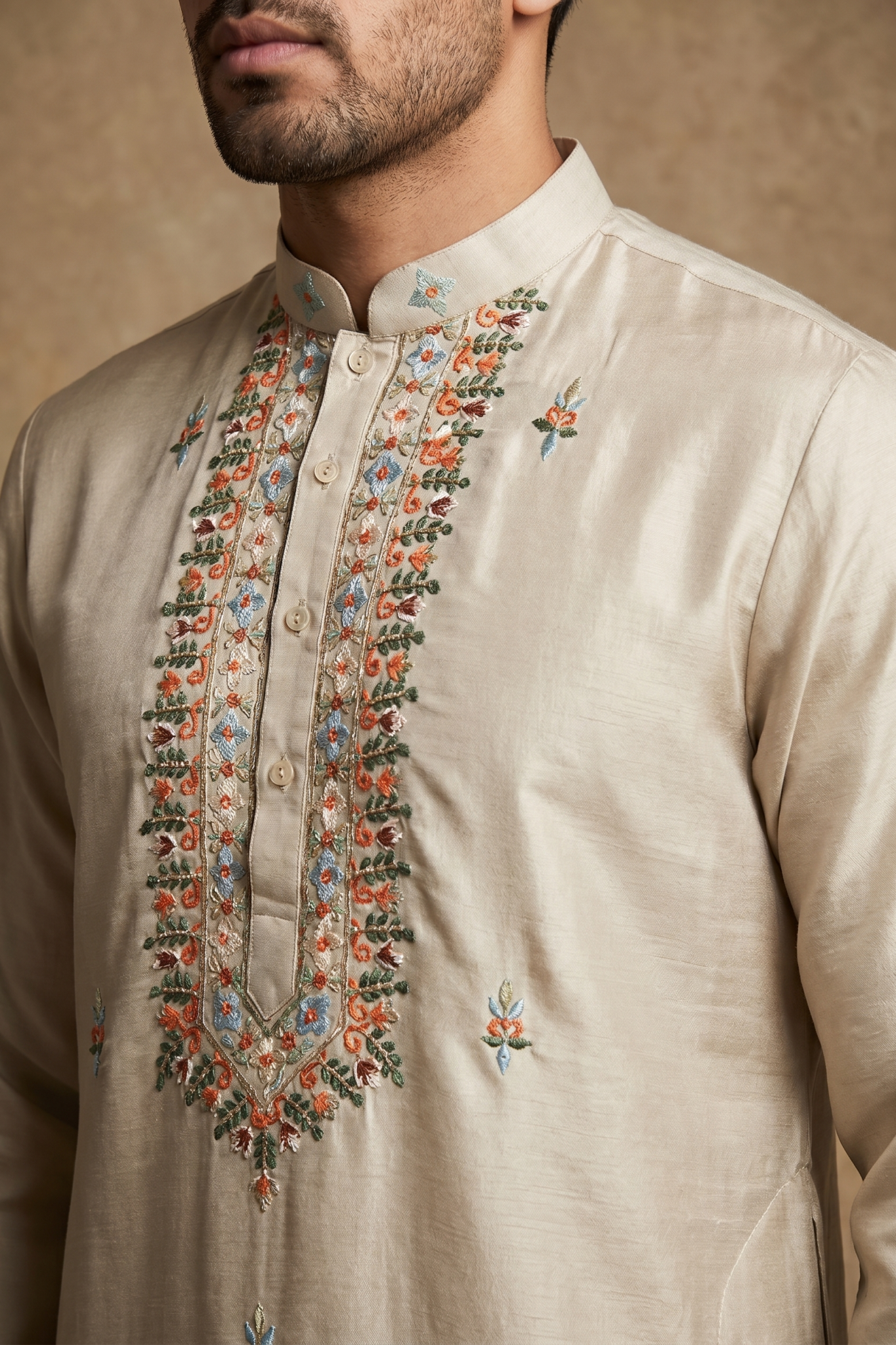 Light Grey Nysa Silk Kurta Set with Cutdana Bead Embroidery