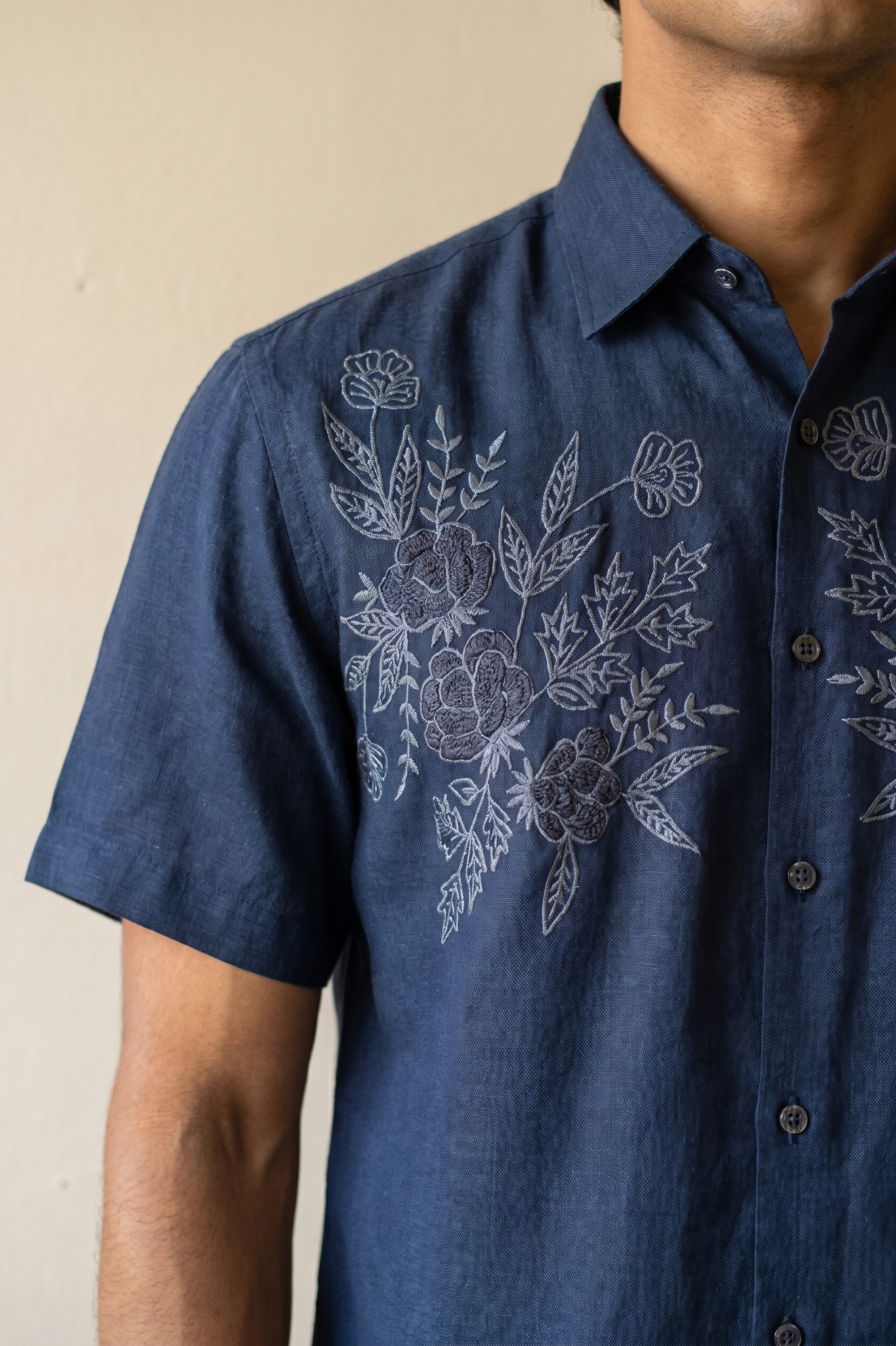 Blue Linen Shirt with Thread Work