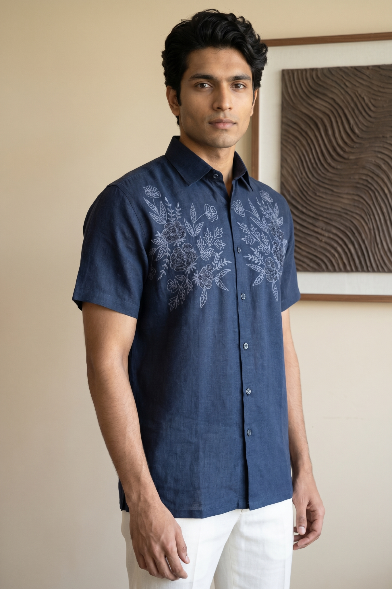 Blue Linen Shirt with Thread Work