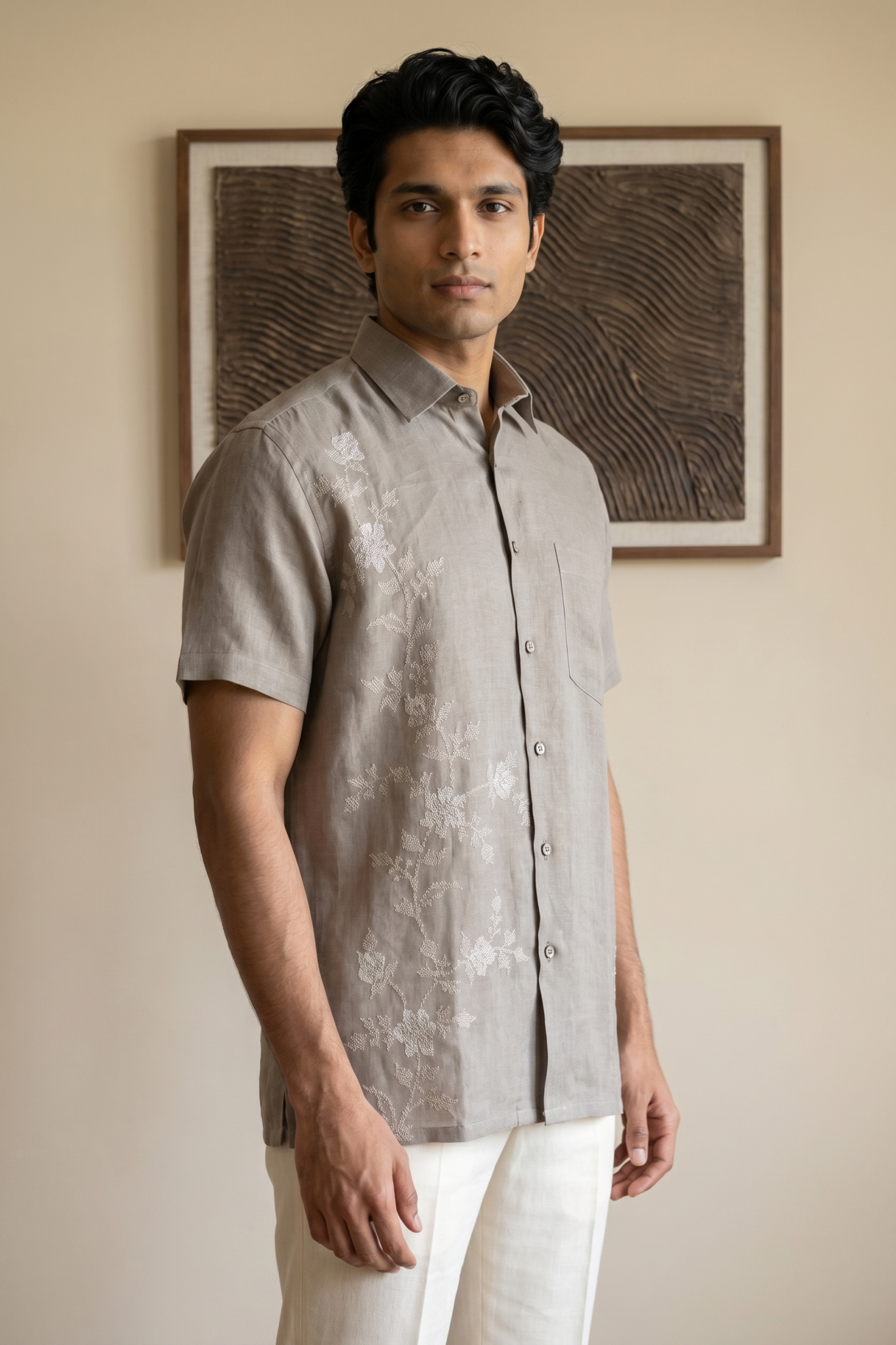 Light Brown Linen Shirt with Thread Work