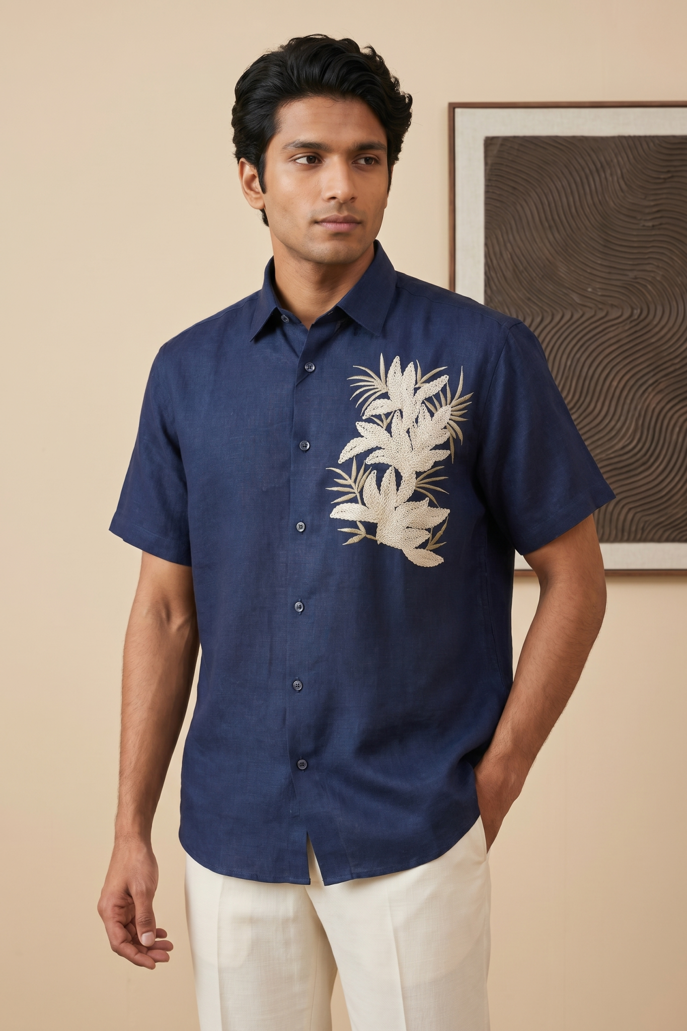 Blue Linen Shirt with Thread Work