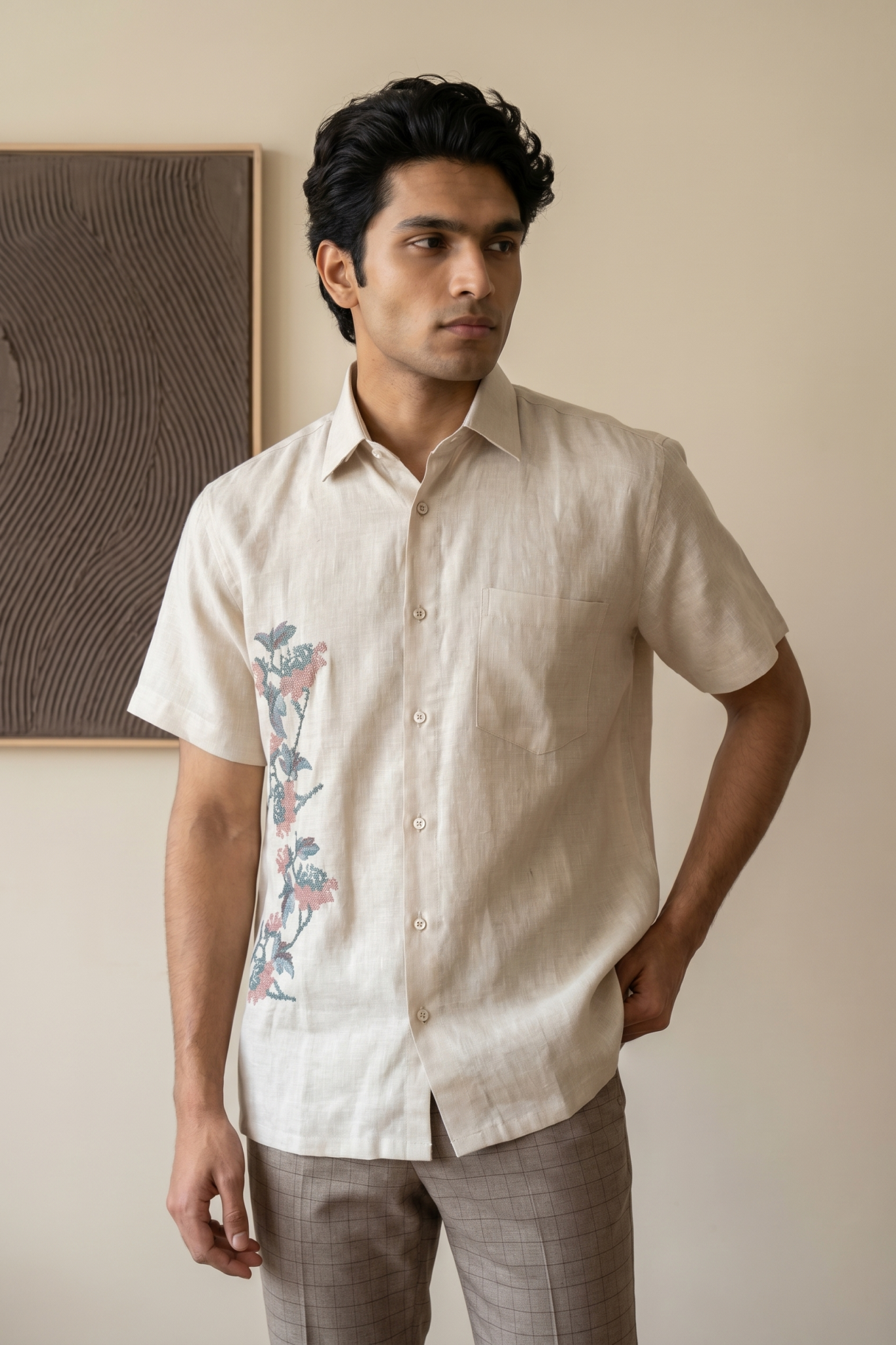 Light Peach Linen Shirt with Thread Work