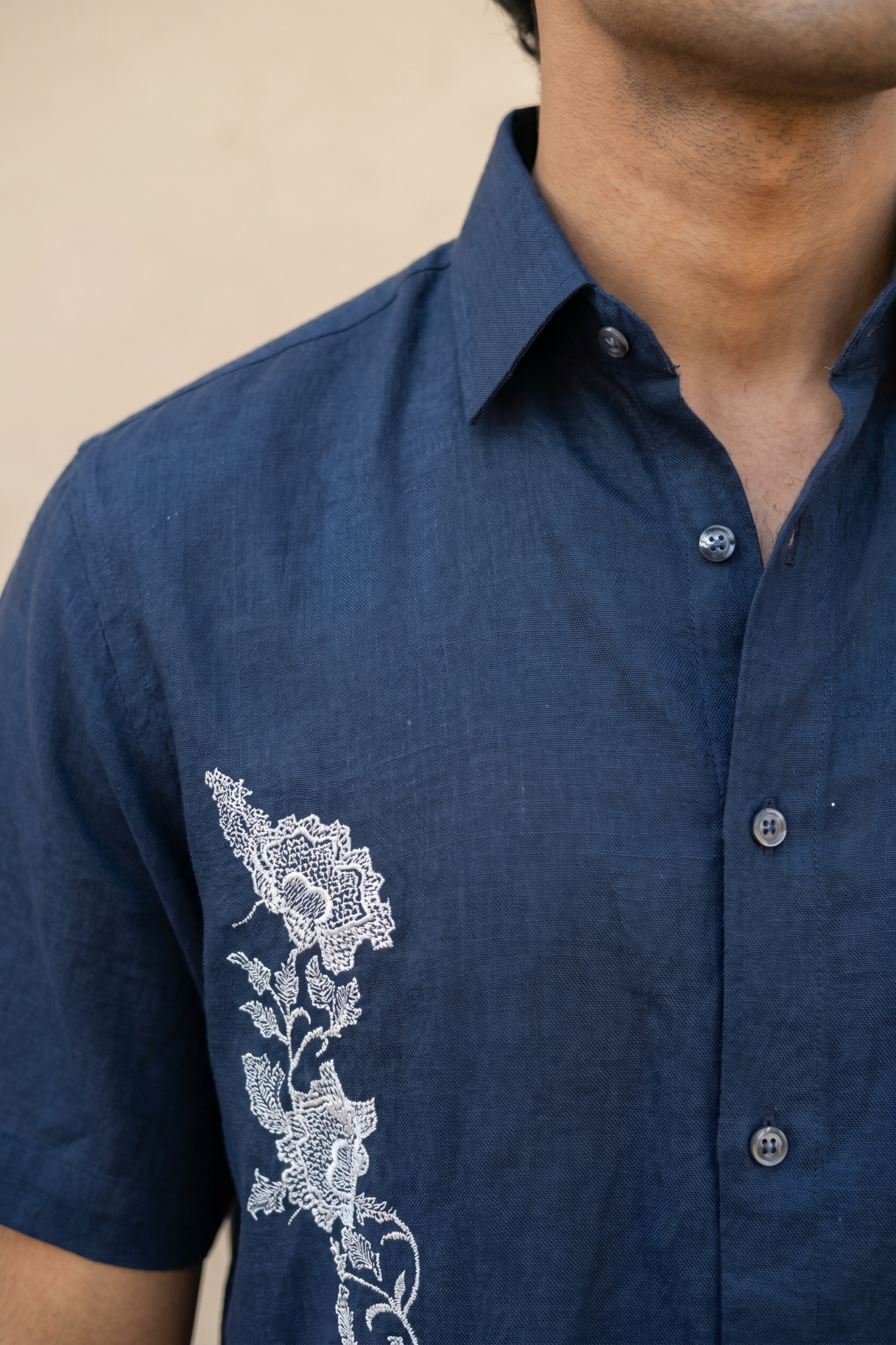 Blue Linen Shirt with Thread Work