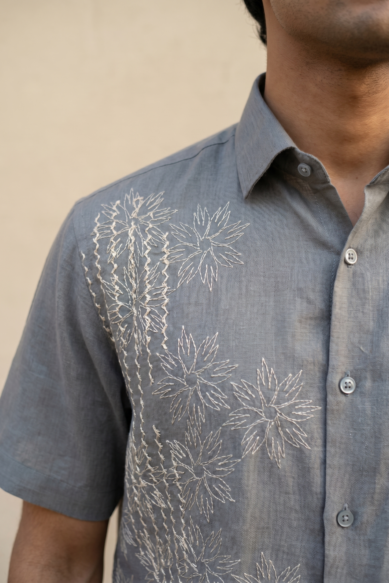 Light Grey Linen Shirt with Thread Work