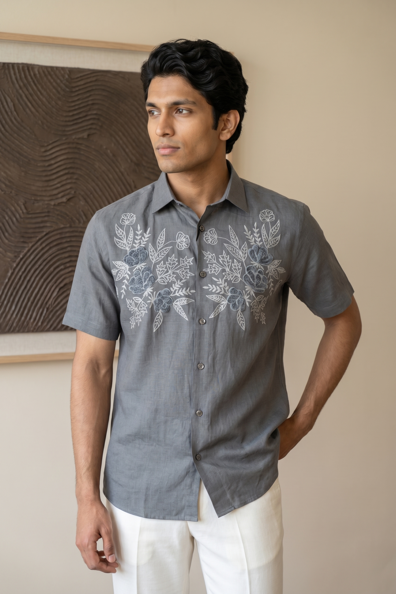 Grey Linen Shirt with Embroidered Thread Work