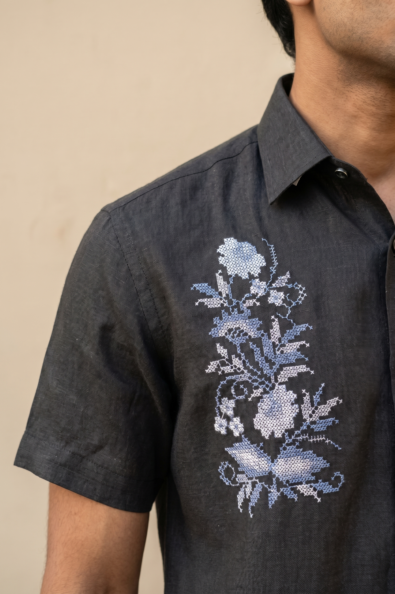 Black Linen Shirt with Thread Work