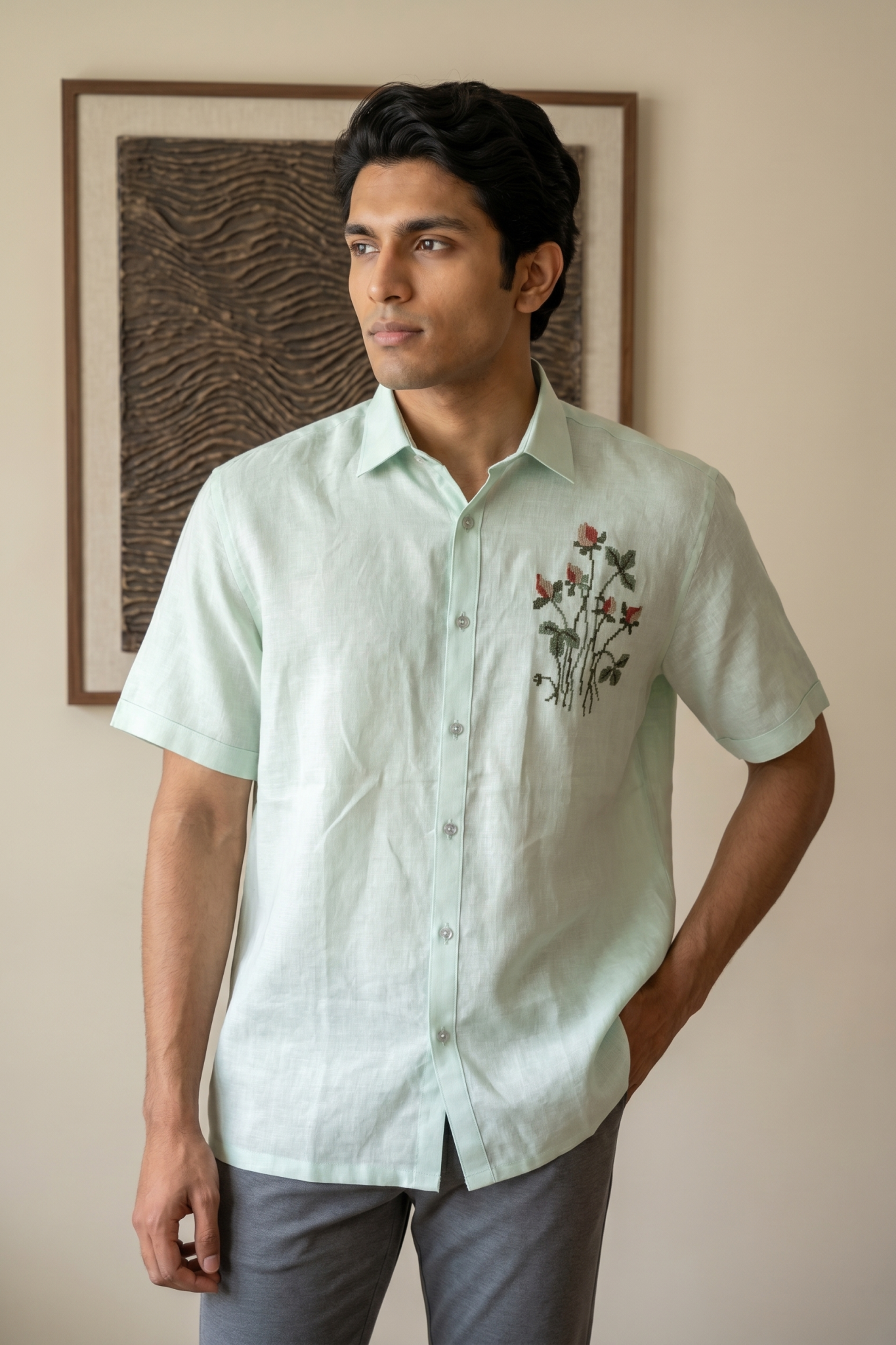 Mint Green Linen Shirt with Thread Work