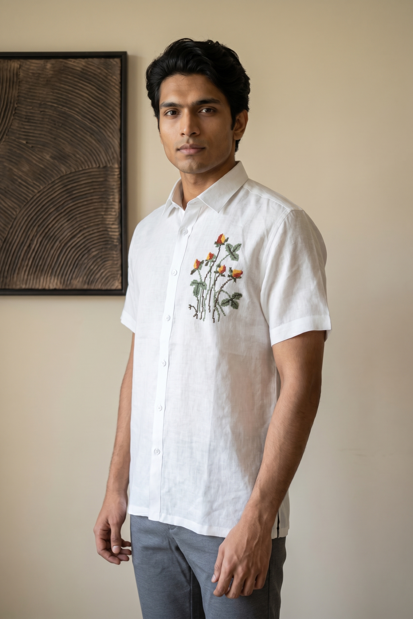White Linen Shirt with Thread Work