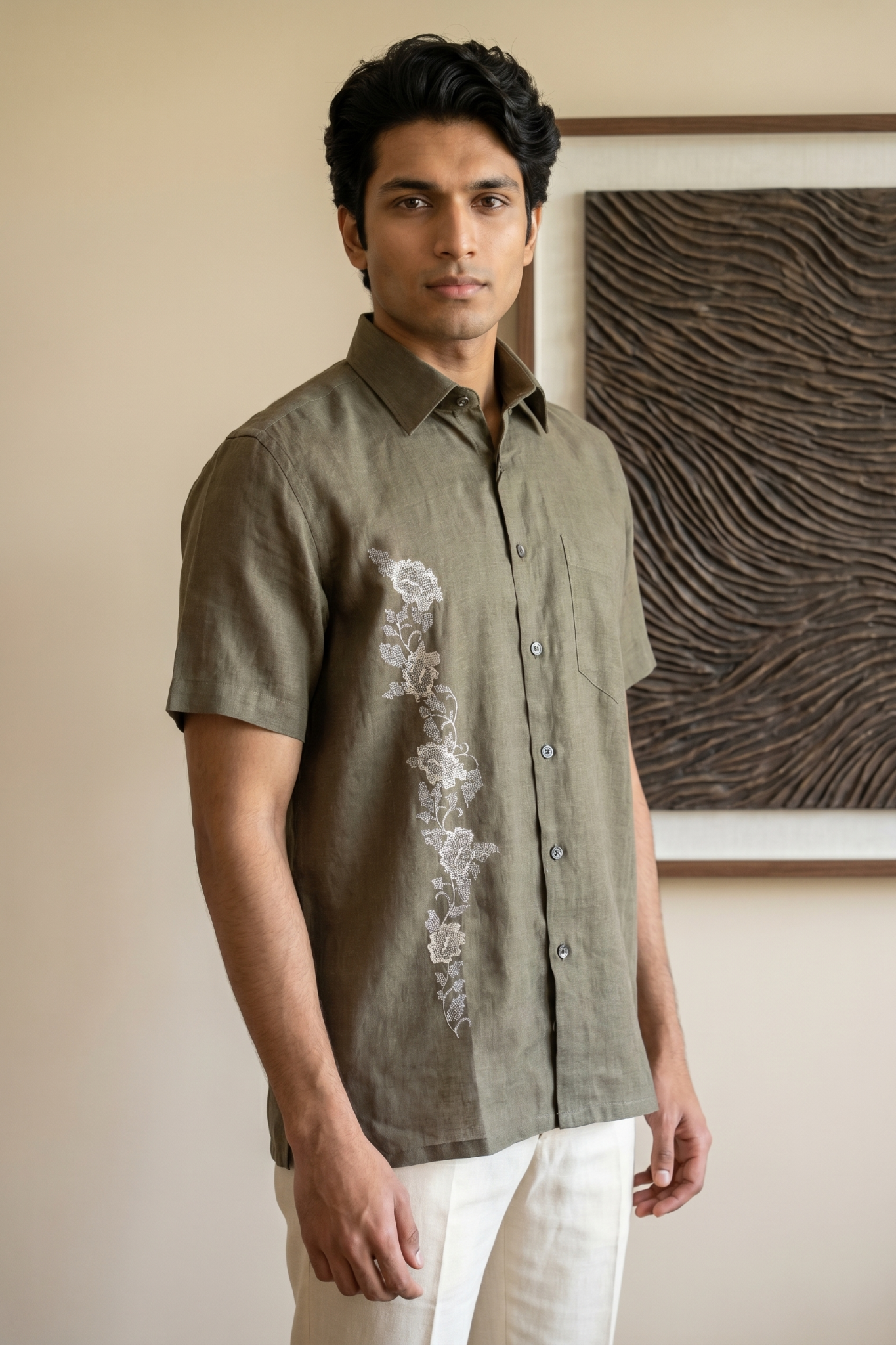 Olive Green Linen Shirt with Thread Work
