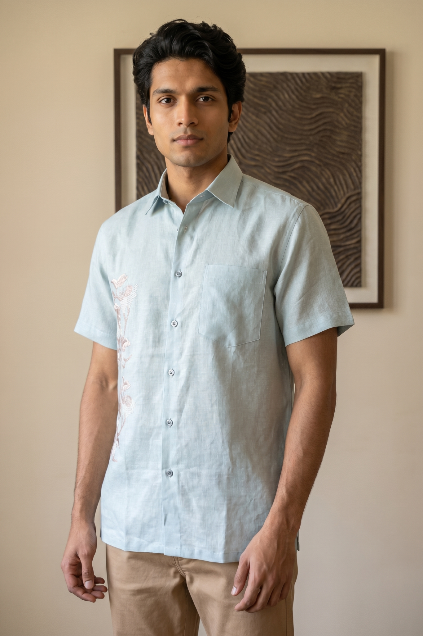 Ice Blue Linen Shirt with Thread Work