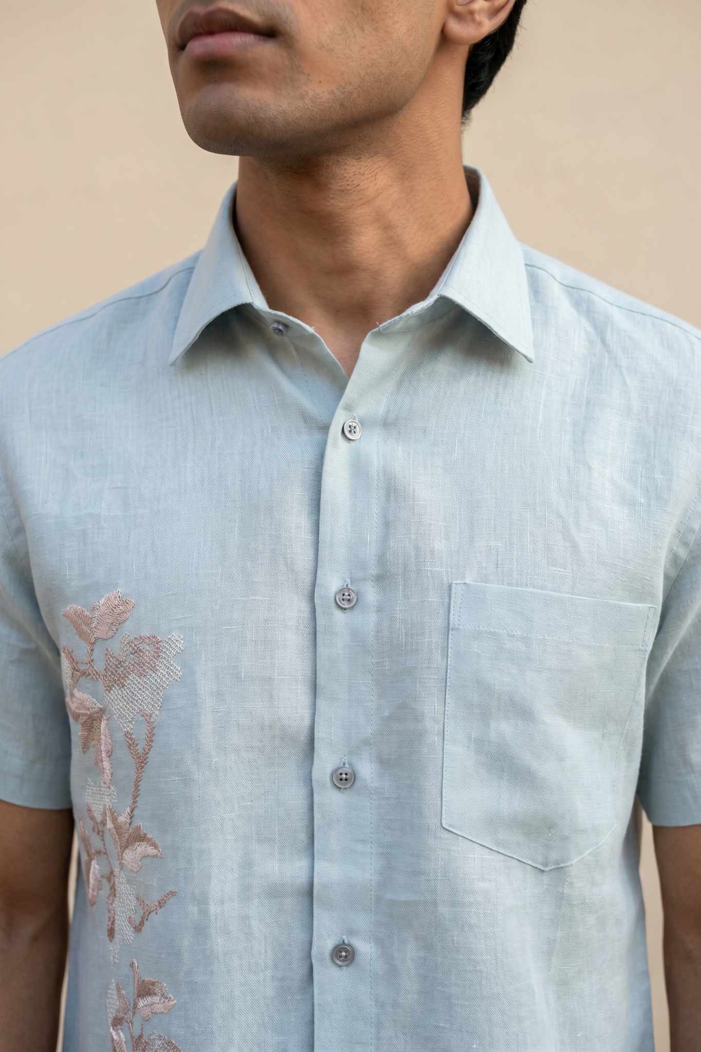 Ice Blue Linen Shirt with Thread Work