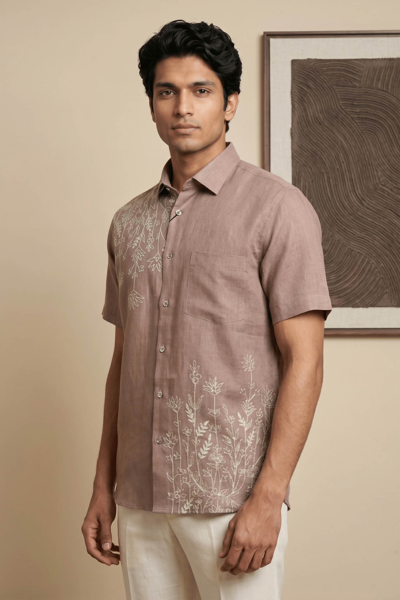 Dusty Rust Linen Shirt with Thread Work