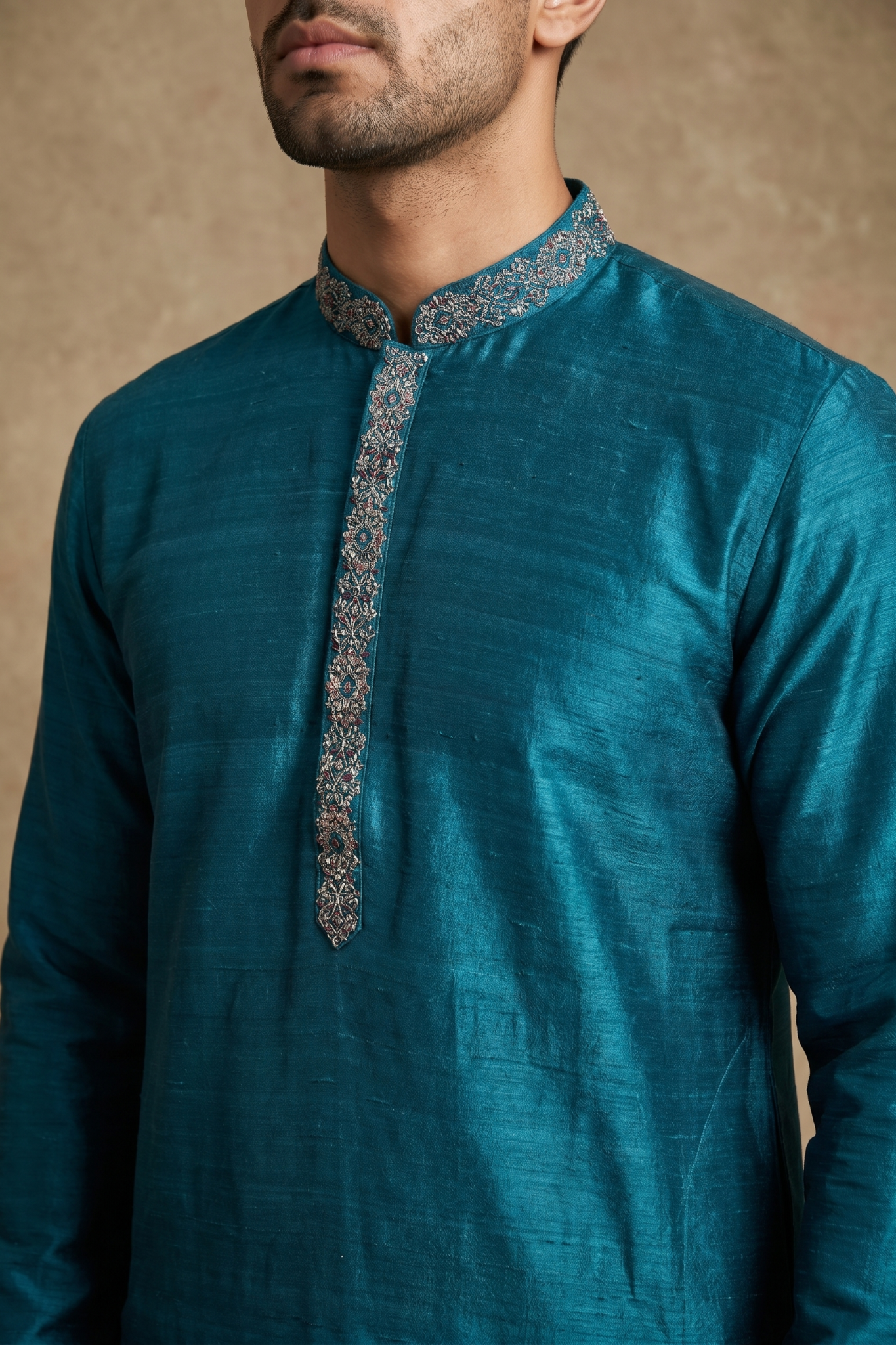 Peacock Blue Raw Silk Kurta Set with Thread Work