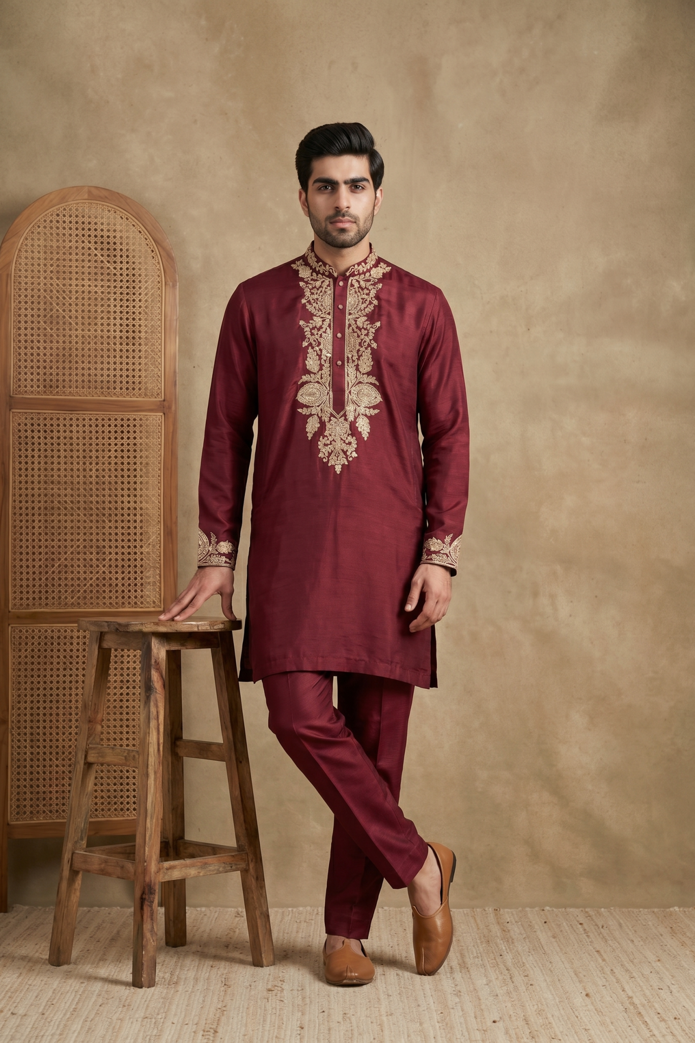 Wine Nysa Silk Kurta Set with Zari, Sequin and Cutdana Work