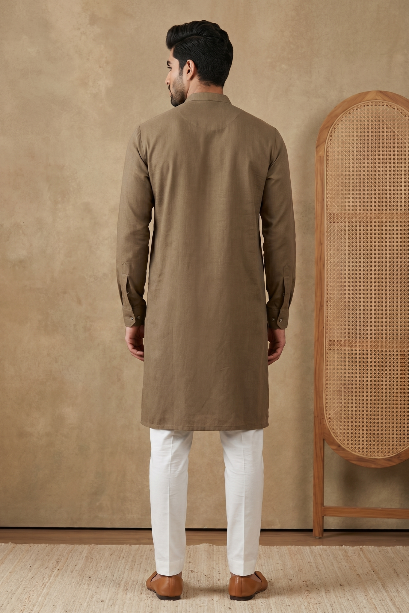 Light Brown Linen Kurta Set with Thread Work