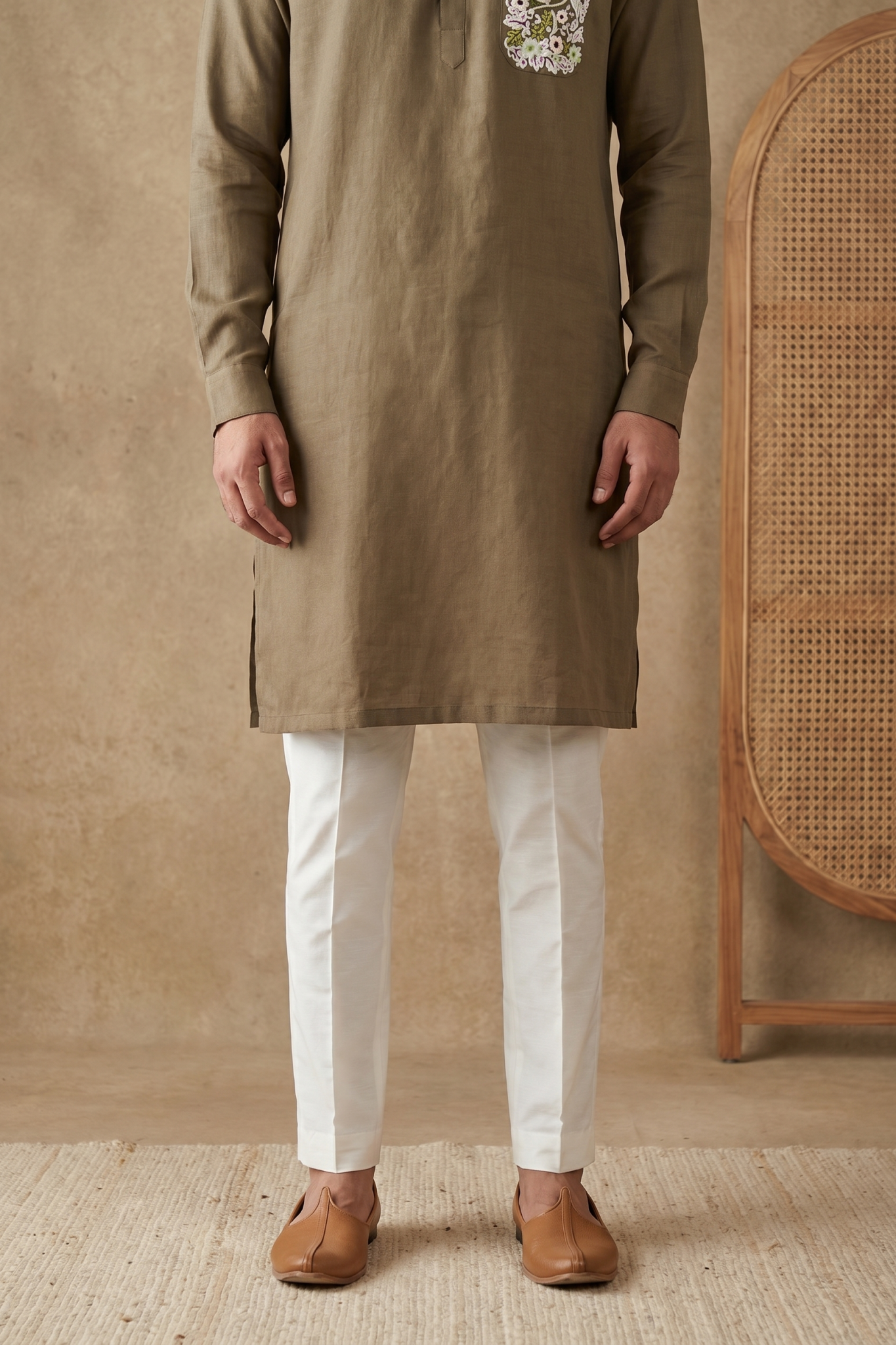 Light Brown Linen Kurta Set with Thread Work