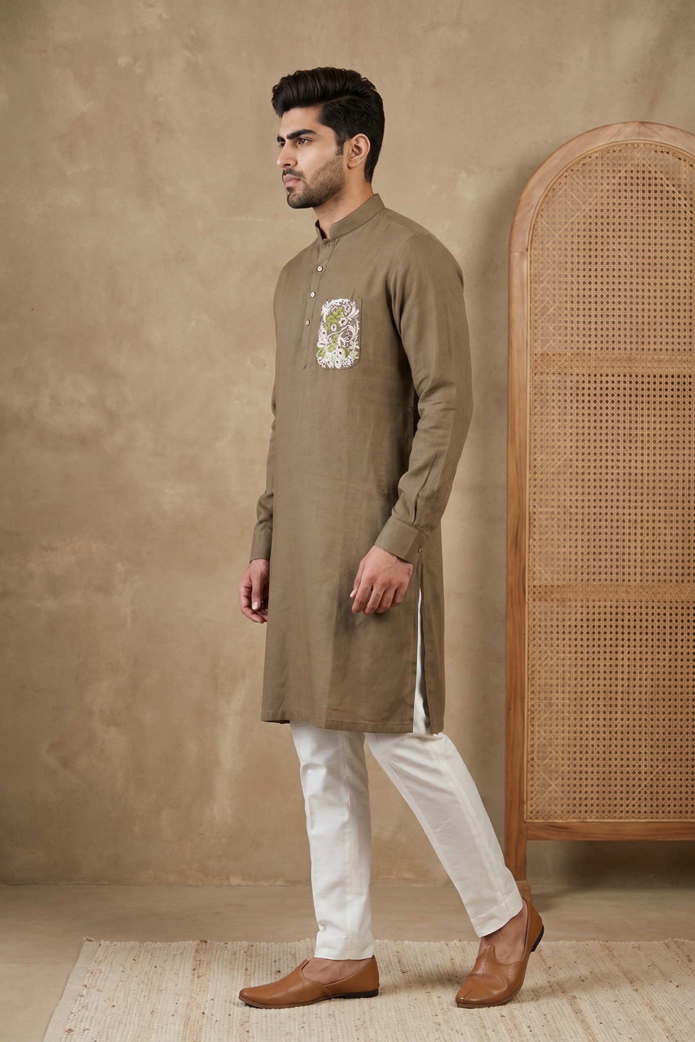 Light Brown Linen Kurta Set with Thread Work