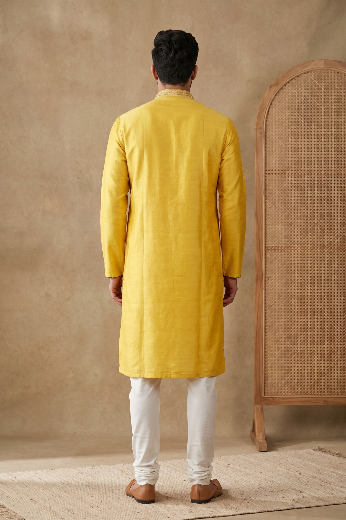 Yellow Raw Silk Kurta Set with Thread Work