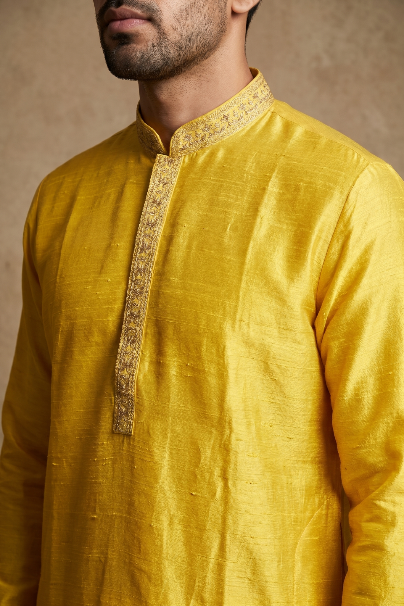 Yellow Raw Silk Kurta Set with Thread Work