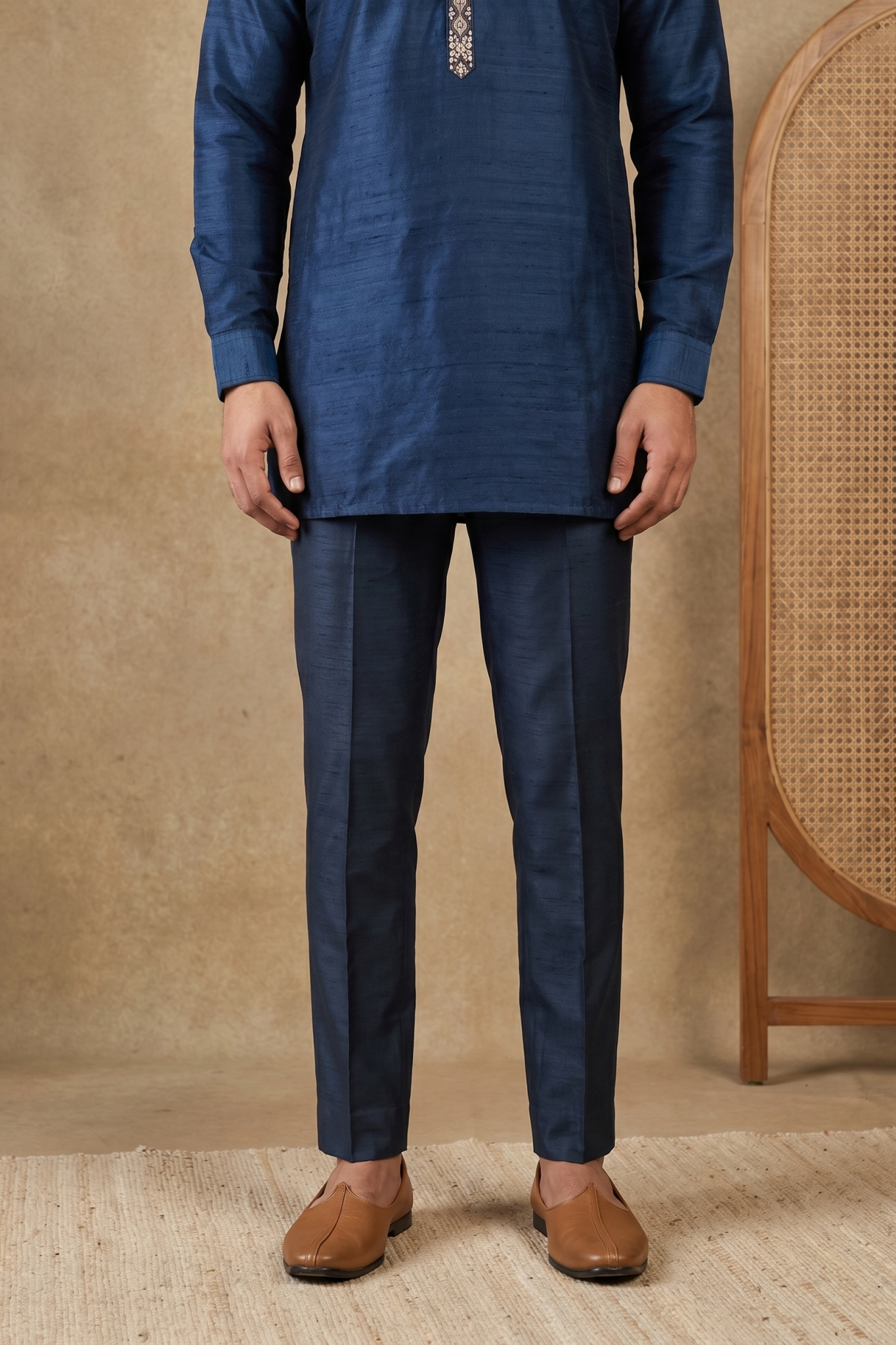 Navy Blue Raw Silk Kurta Set with Thread Work