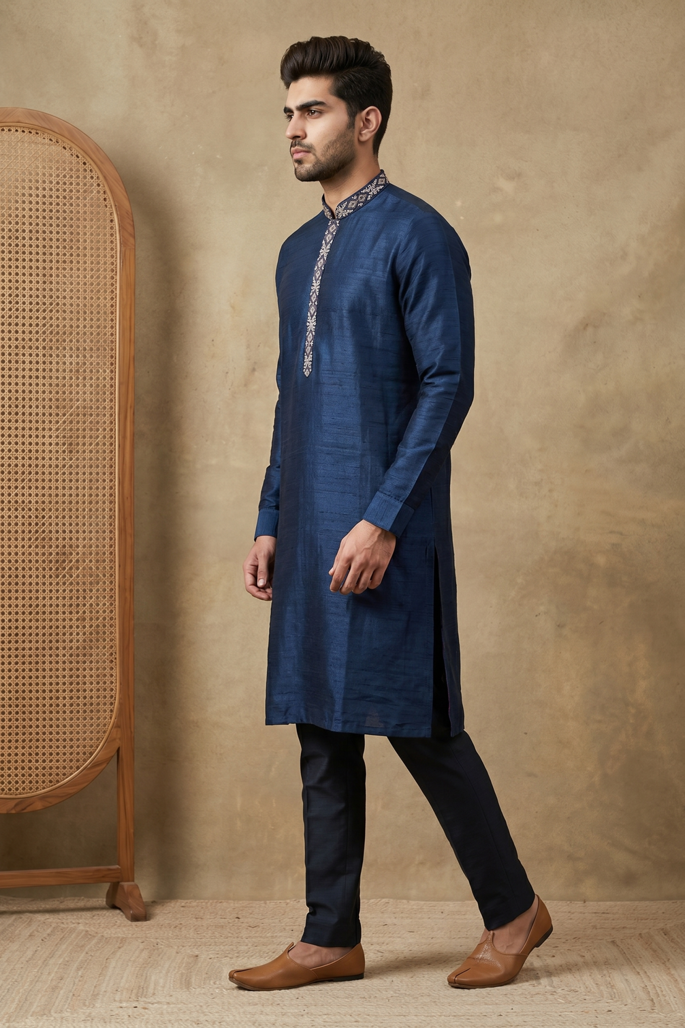Navy Blue Raw Silk Kurta Set with Thread Work