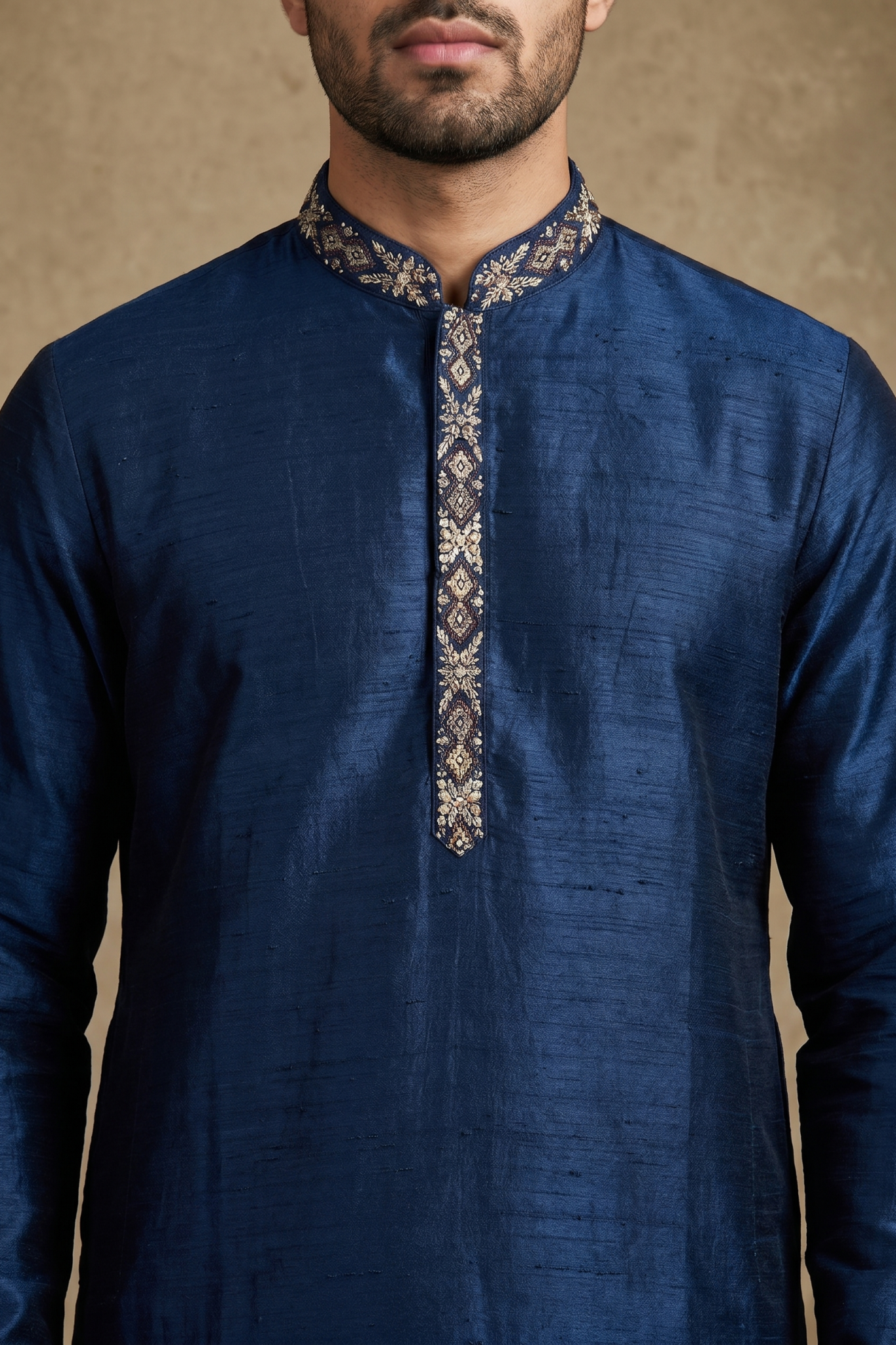 Navy Blue Raw Silk Kurta Set with Thread Work