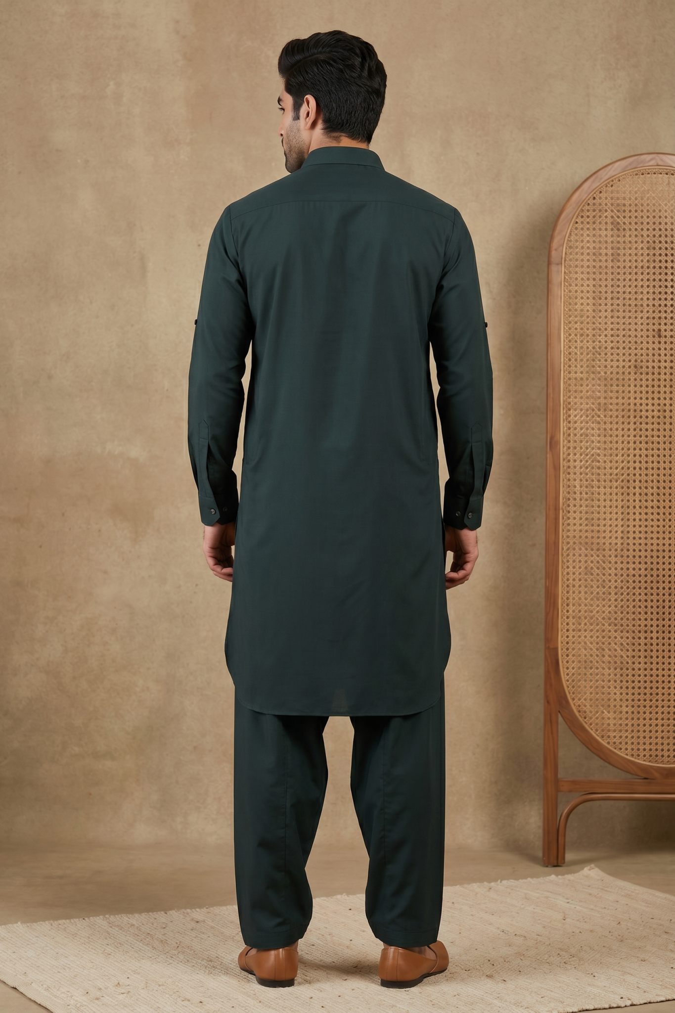 Bottle Green Cotton Satin Pathani Set