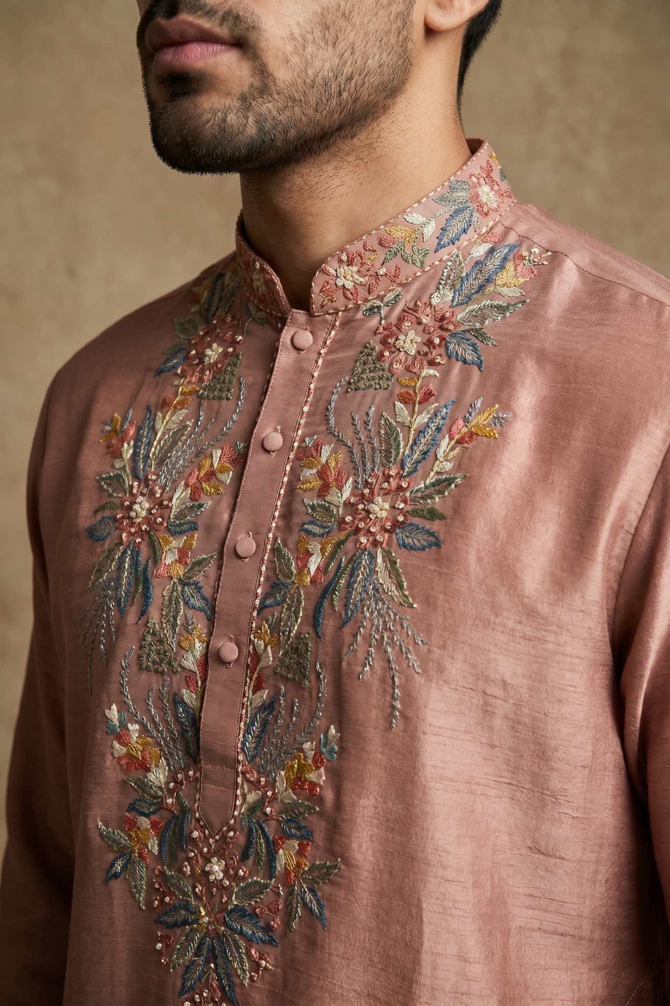Onion Pink Chanderi Silk Kurta Set with Mirror Embroidery