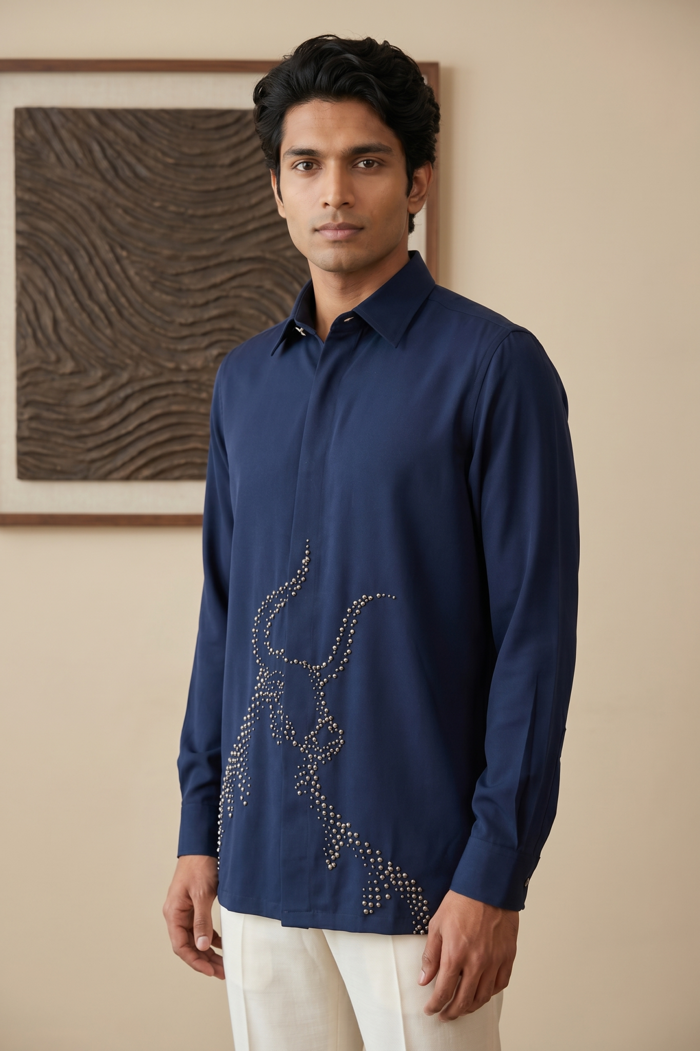 Navy Blue Bom Mario Shirt with Moti Work