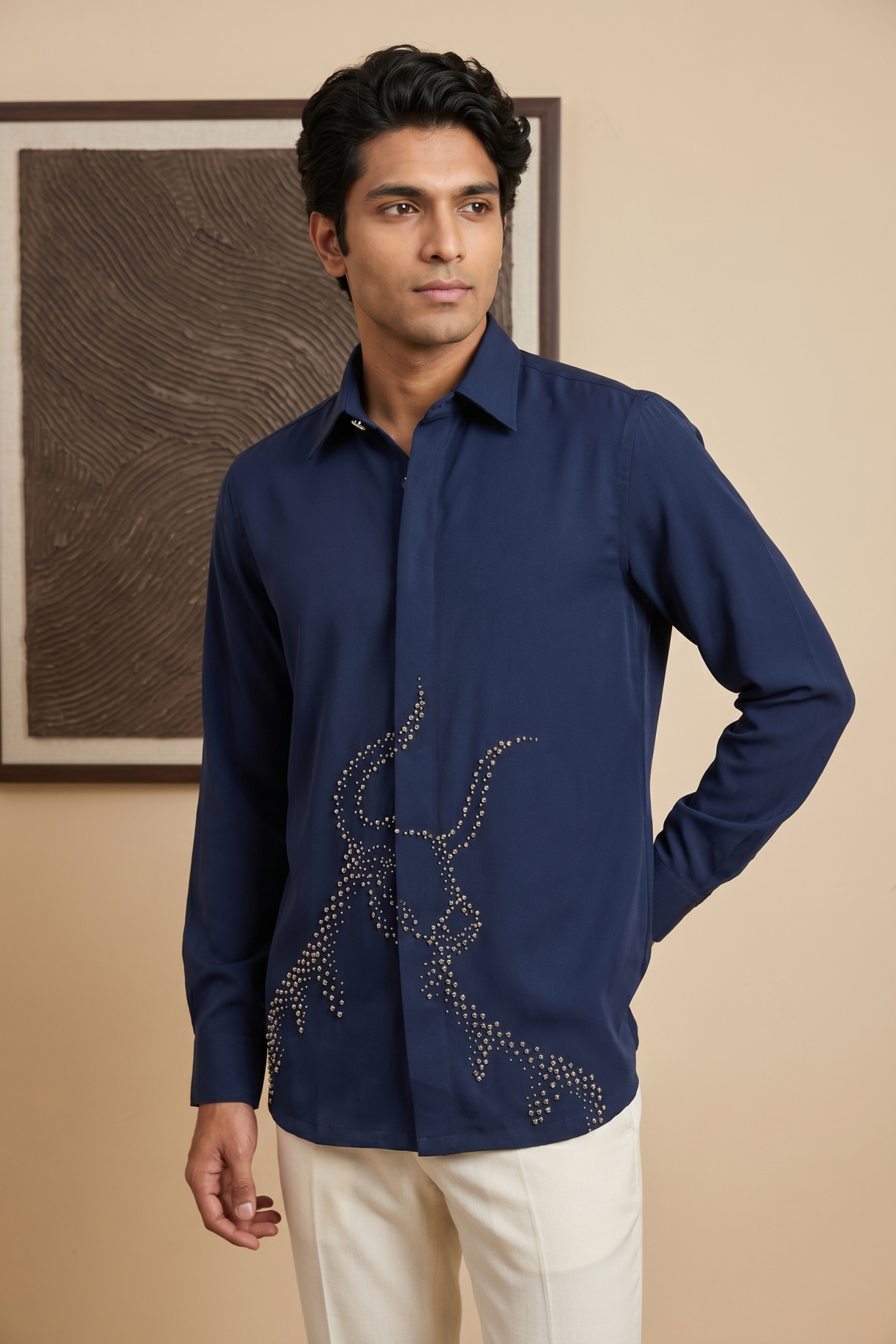 Navy Blue Bom Mario Shirt with Moti Work