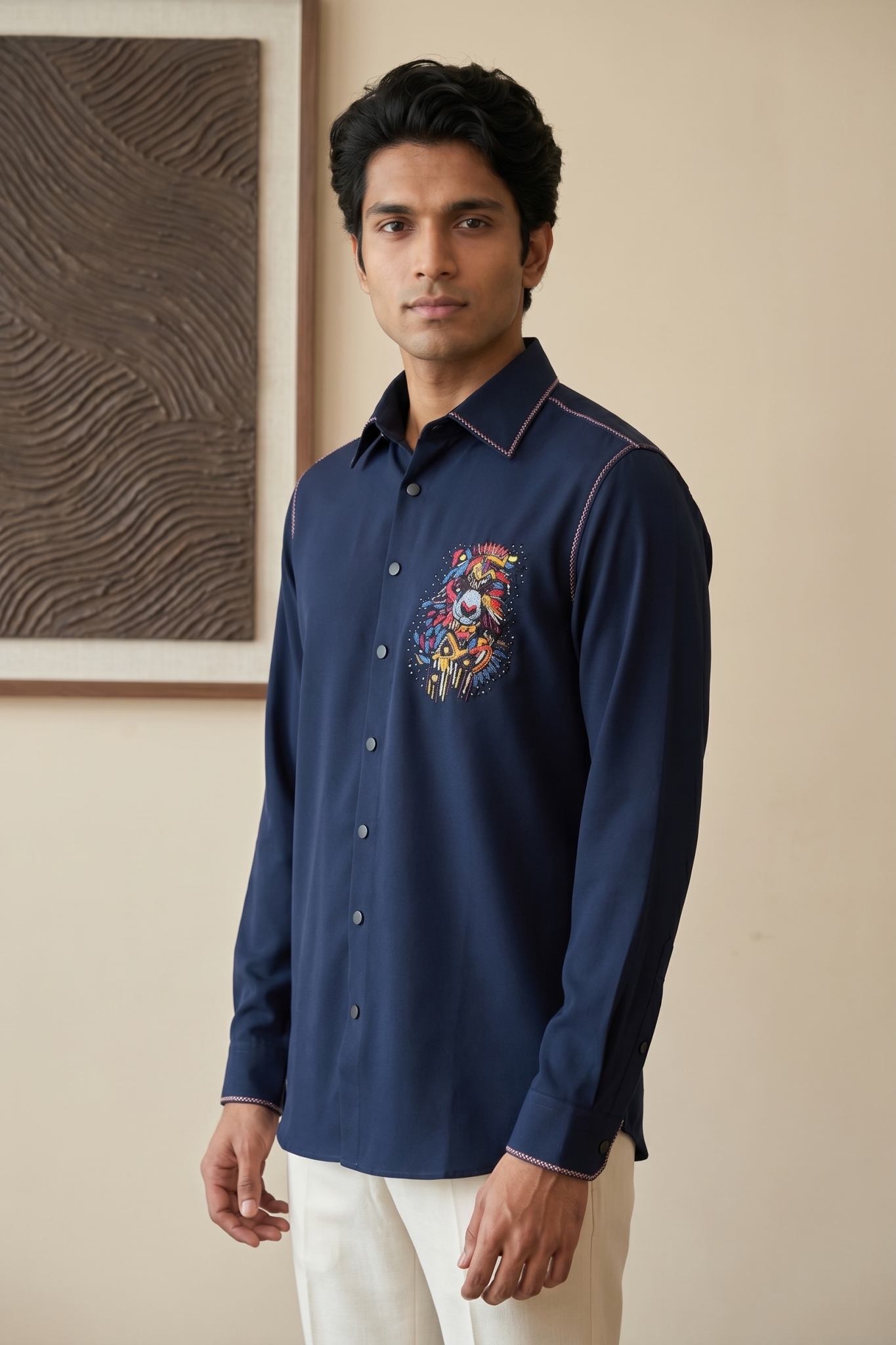 Navy Blue Bom Mario Shirt with Moti, Cutdana, Embroidery & Mirror Work