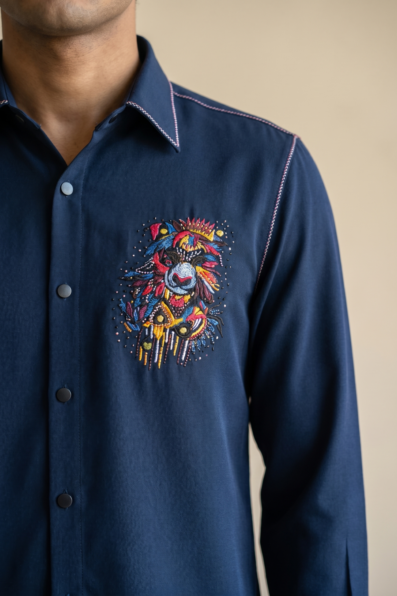 Navy Blue Bom Mario Shirt with Moti, Cutdana, Embroidery & Mirror Work