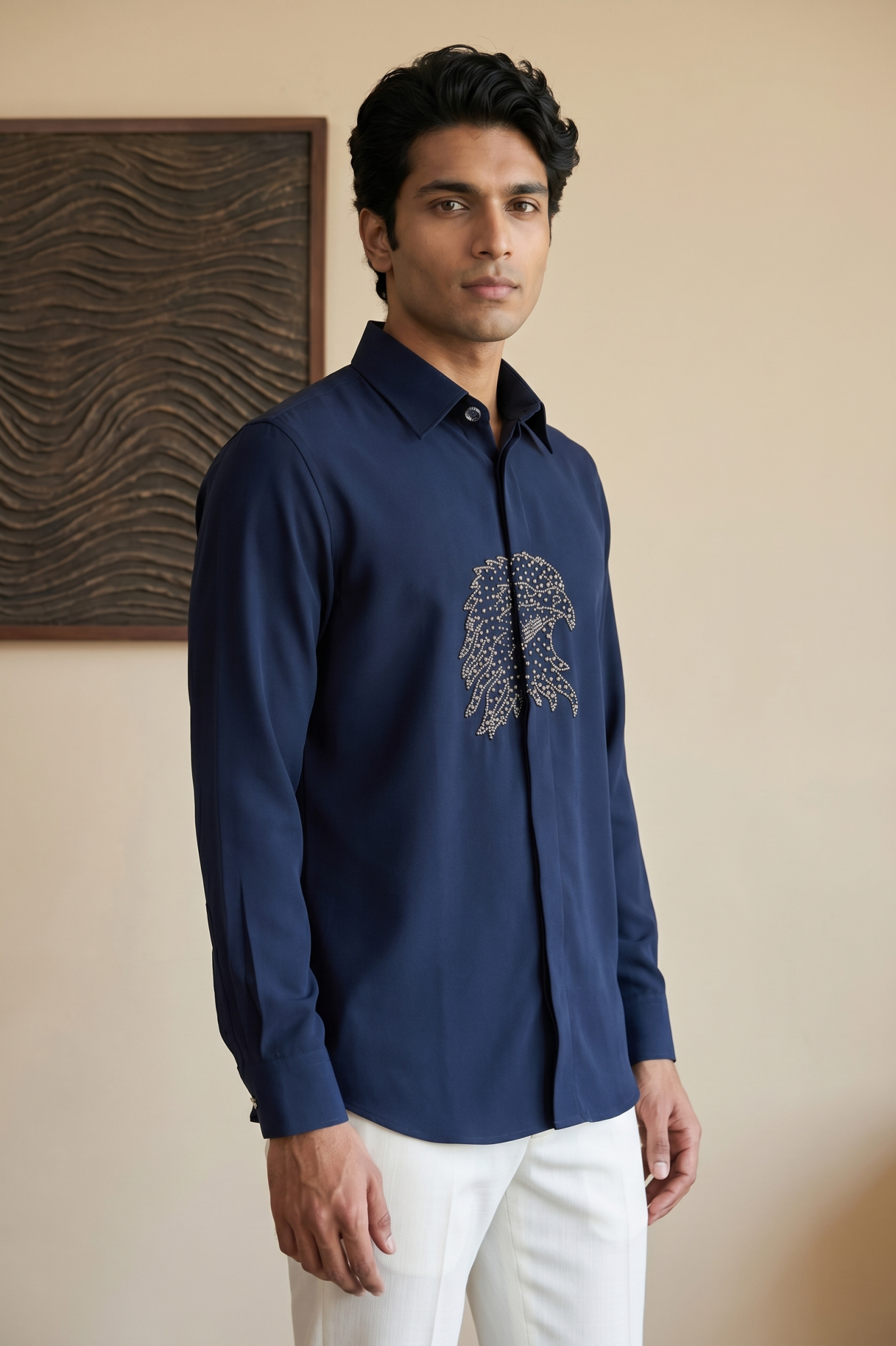 Navy Blue Bom Mario Shirt with Moti Work