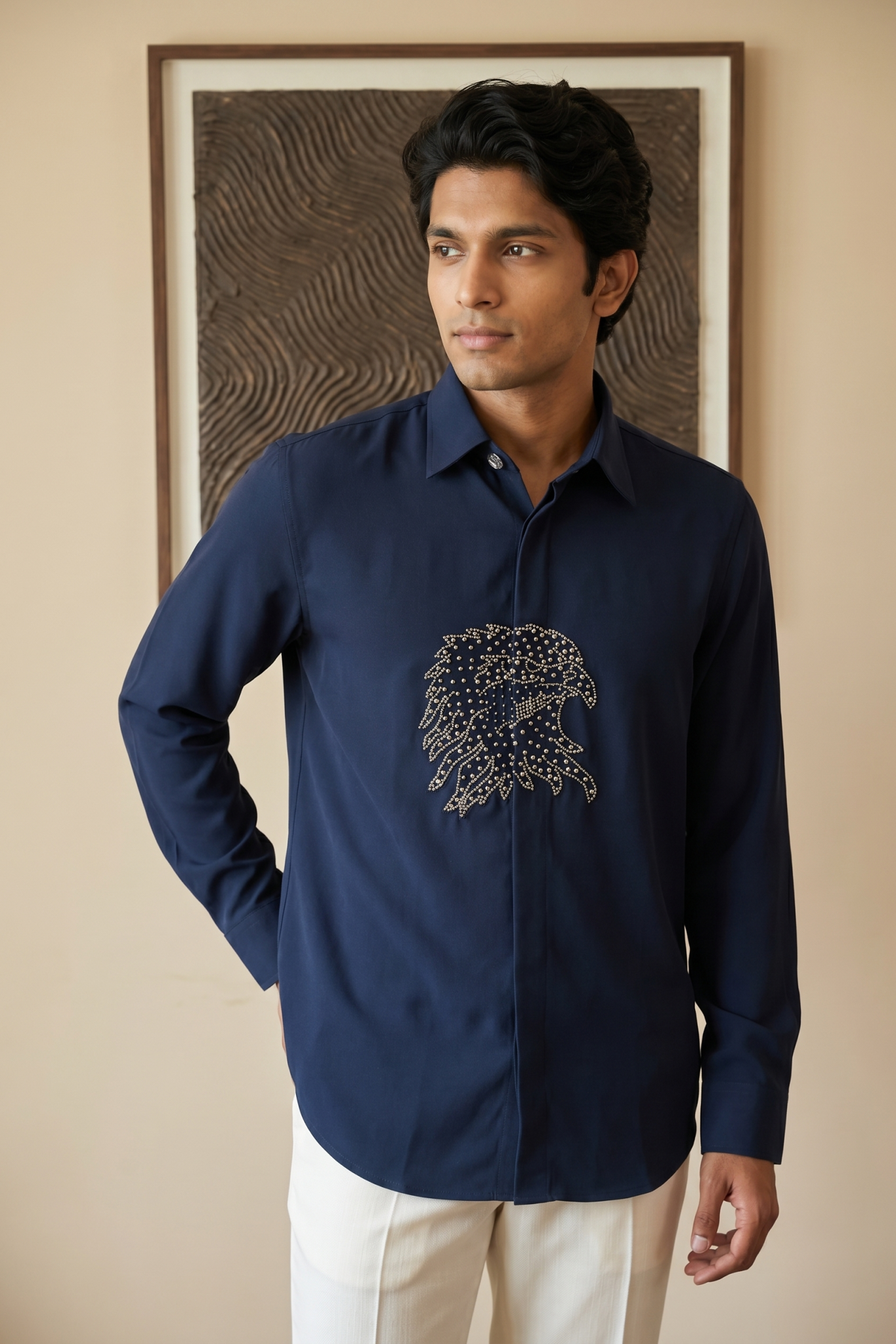 Navy Blue Bom Mario Shirt with Moti Work