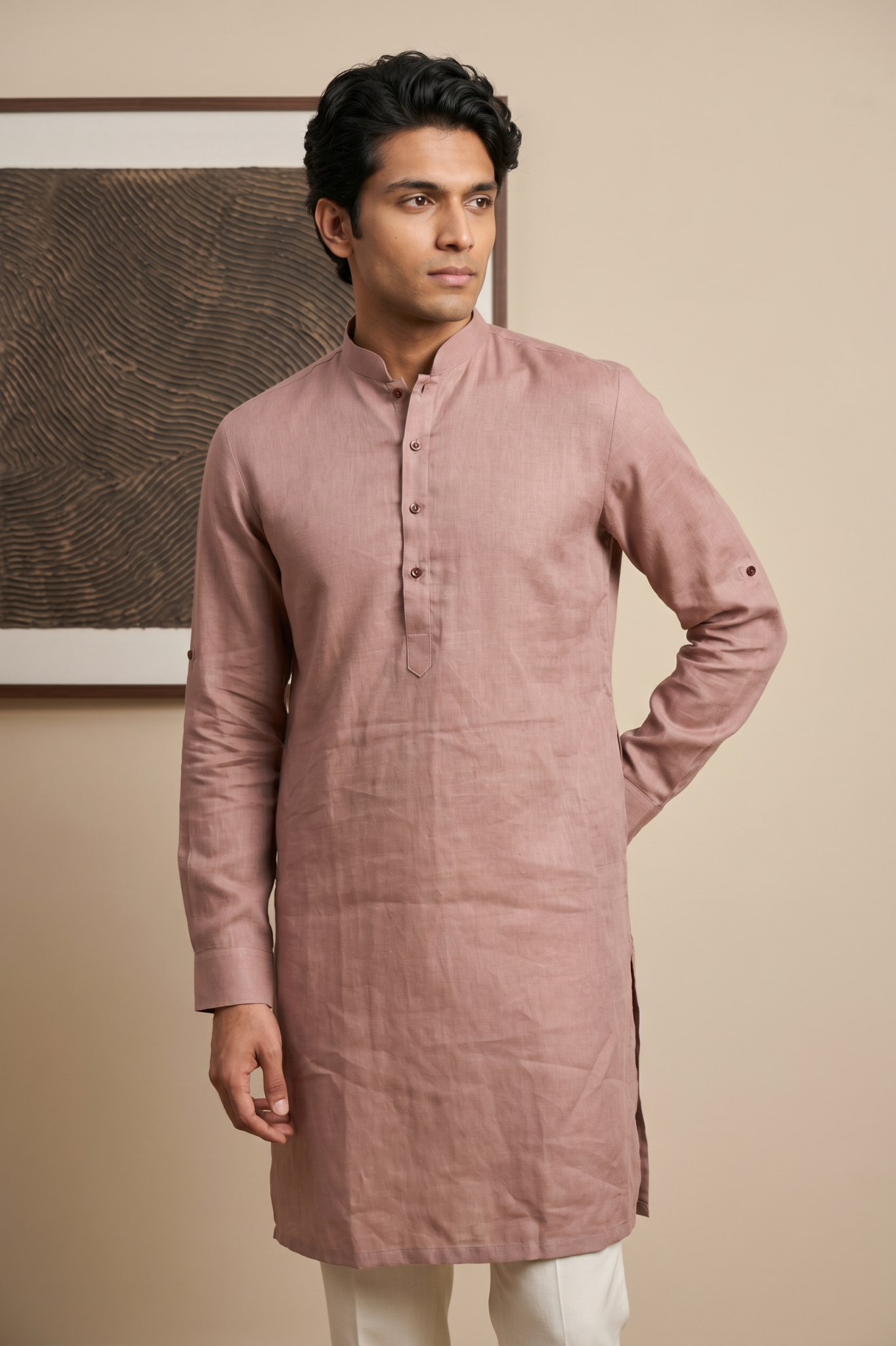 Peach Linen Kurta Set