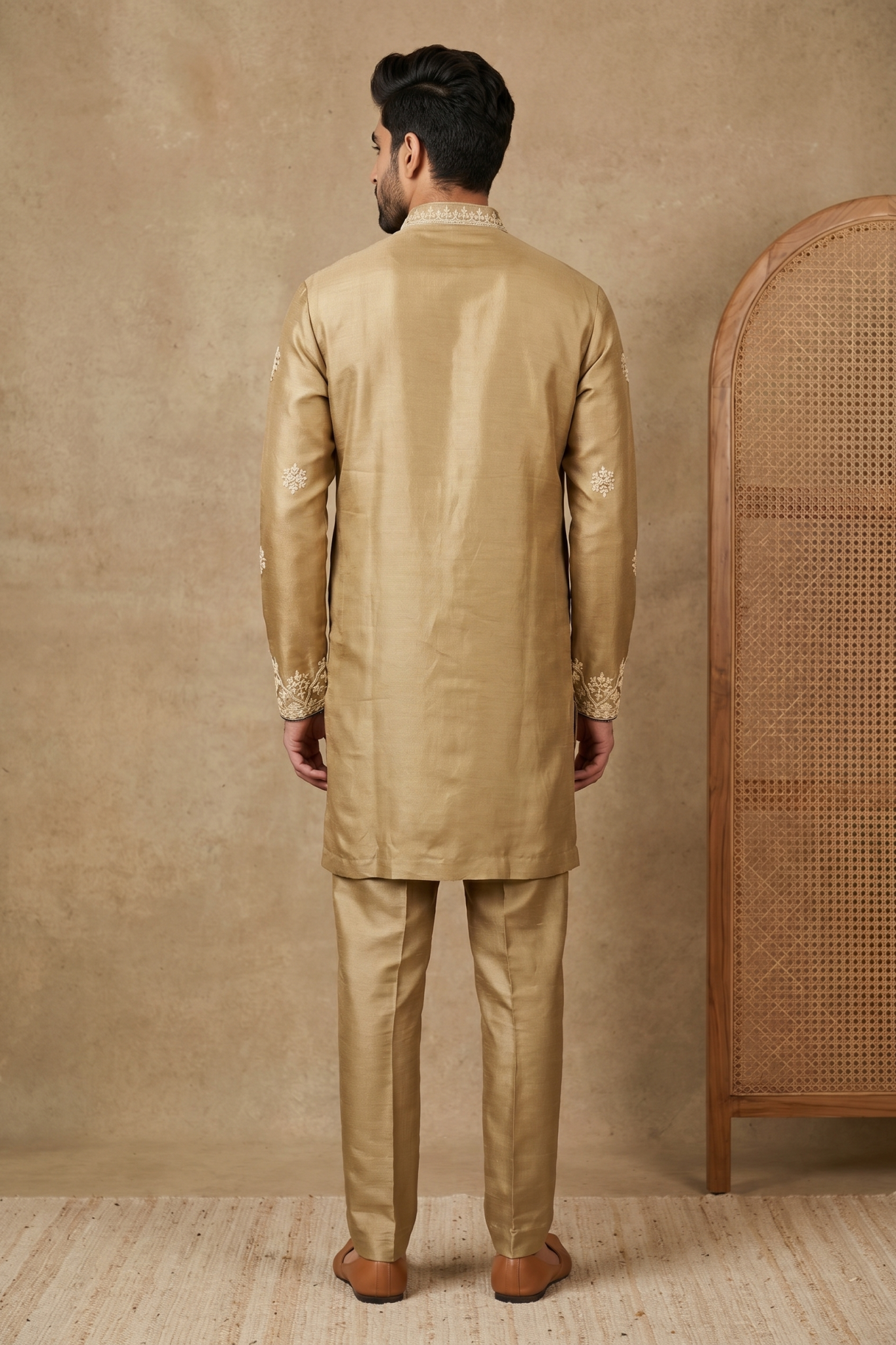 Gold Chanderi Silk Kurta Set with Zari and Thread Embroidery