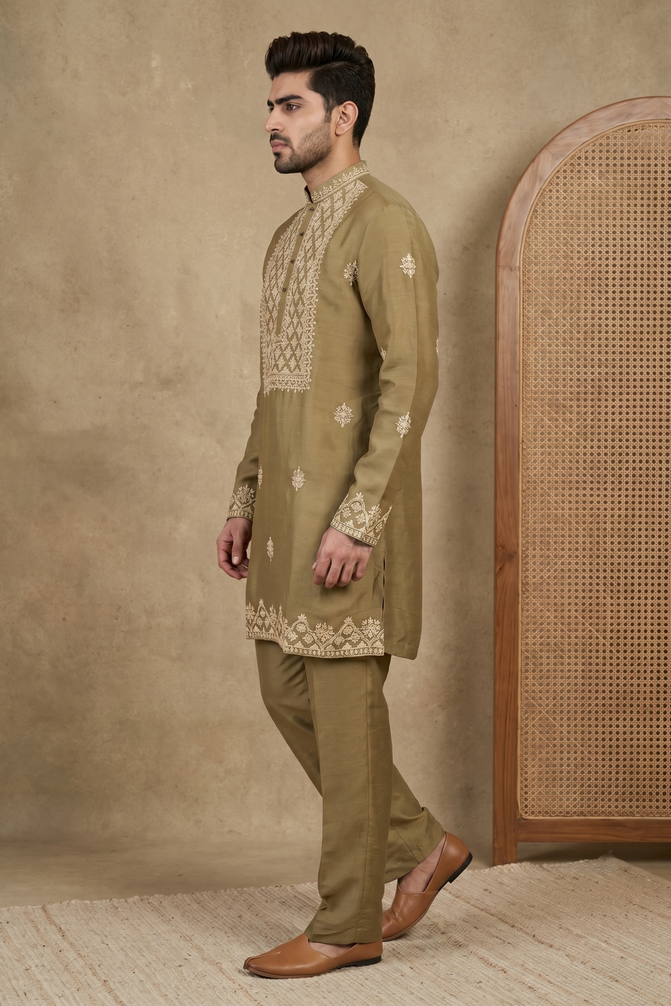 Gold Chanderi Silk Kurta Set with Zari and Thread Embroidery
