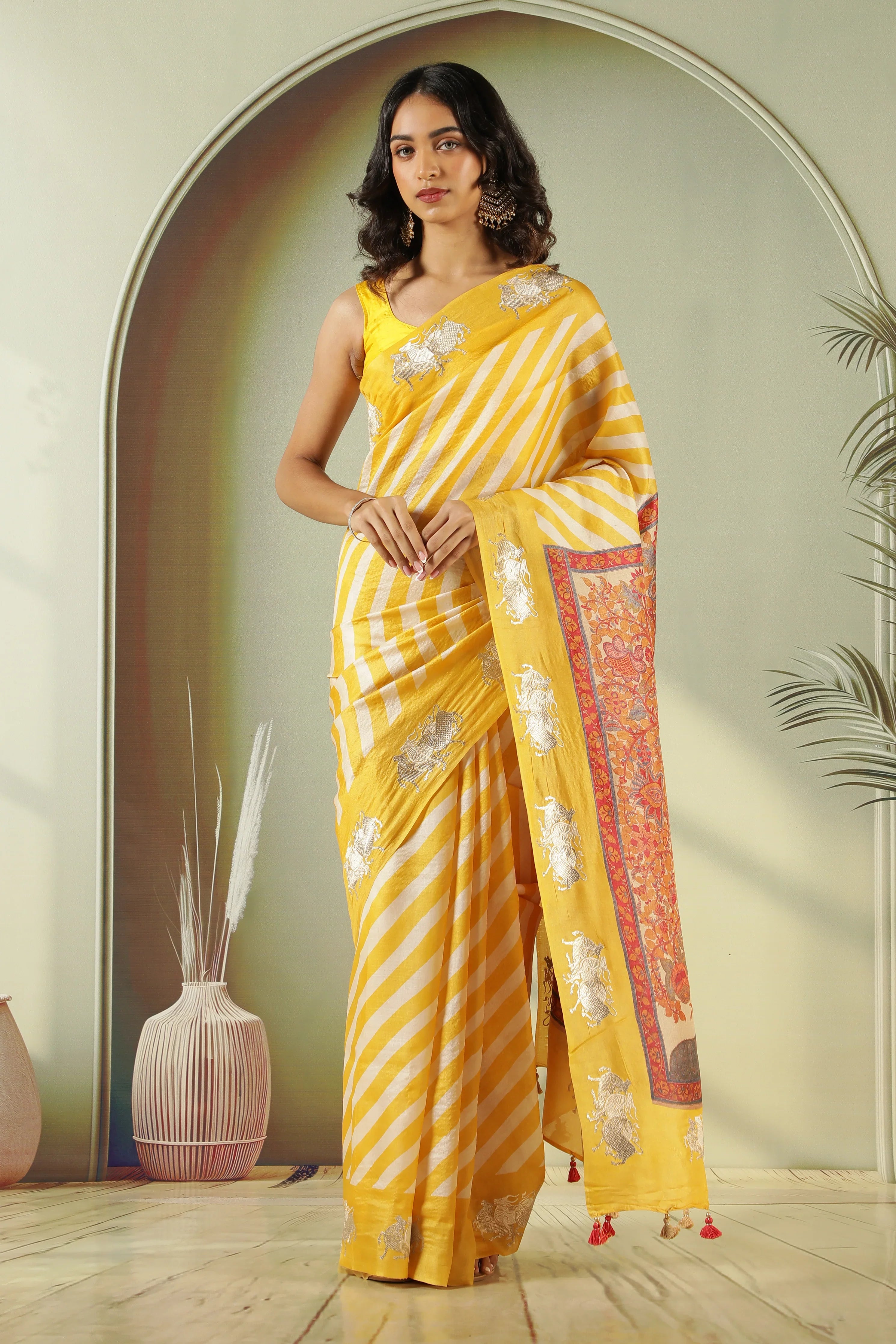 Yellow Off White Tussar Silk Saree with Zari Butta - Mokshaa