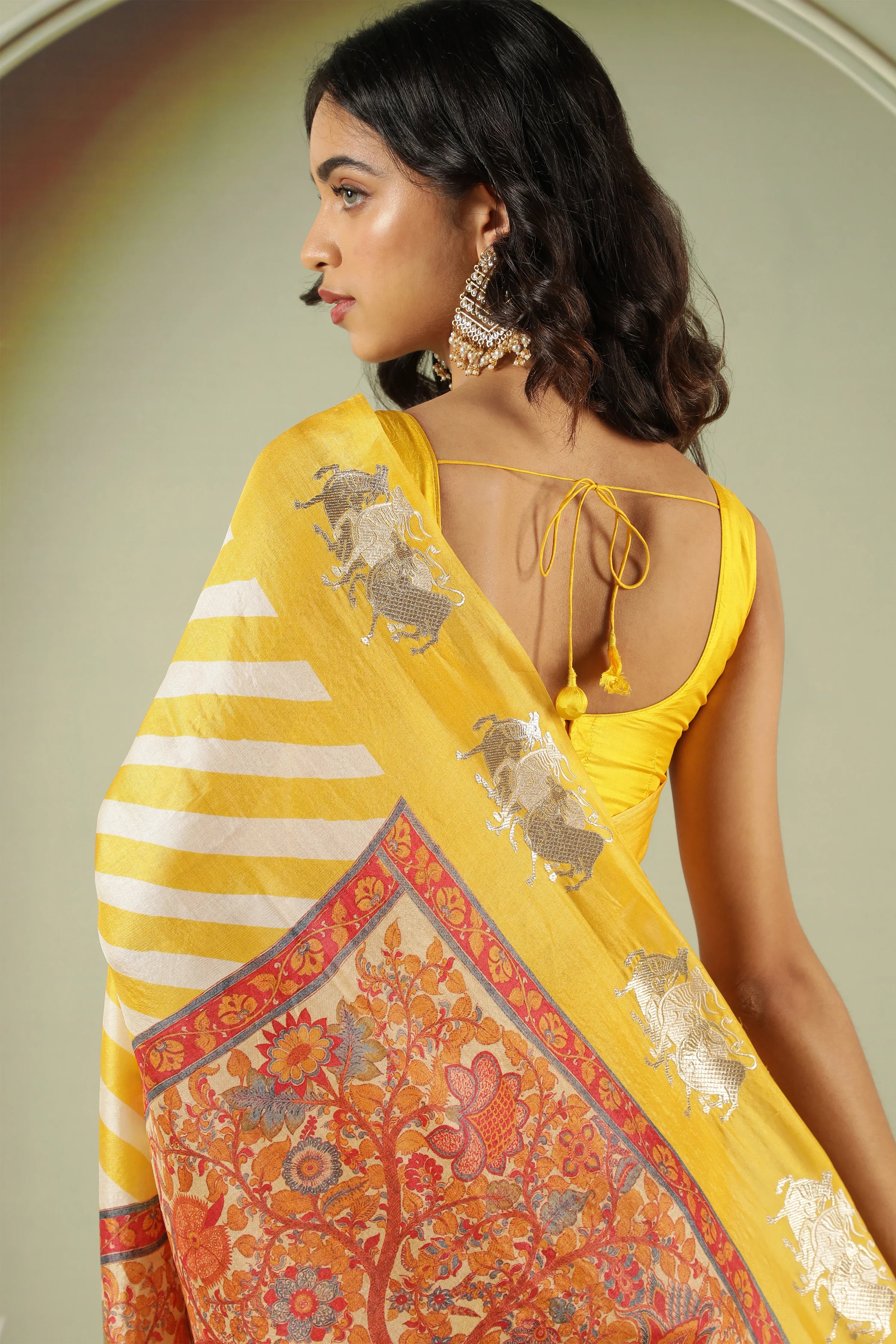 Yellow Off White Tussar Silk Saree with Zari Butta - Mokshaa