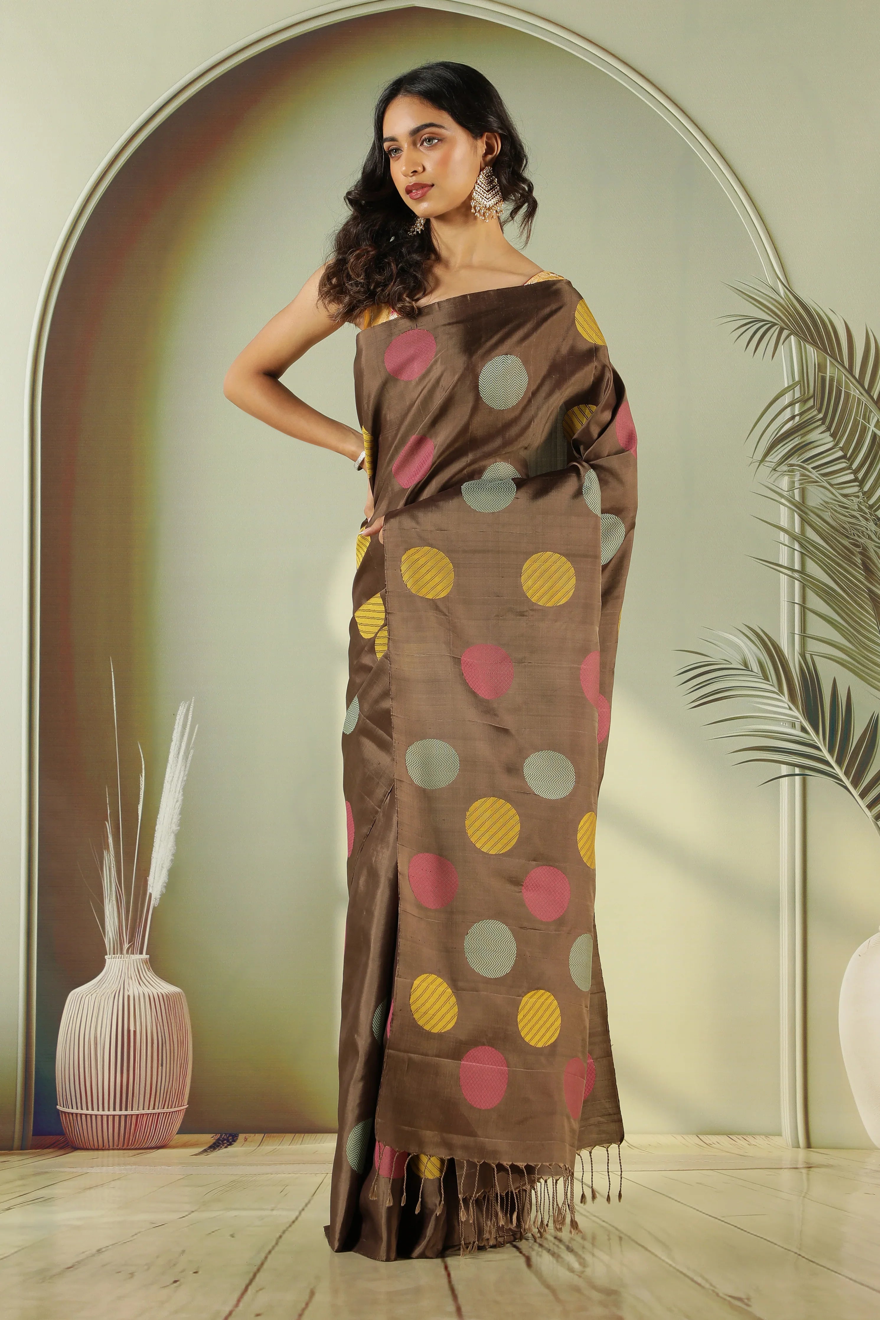 Brown Soft Silk Saree with Multi-Color Coin Butta - Mokshaa
