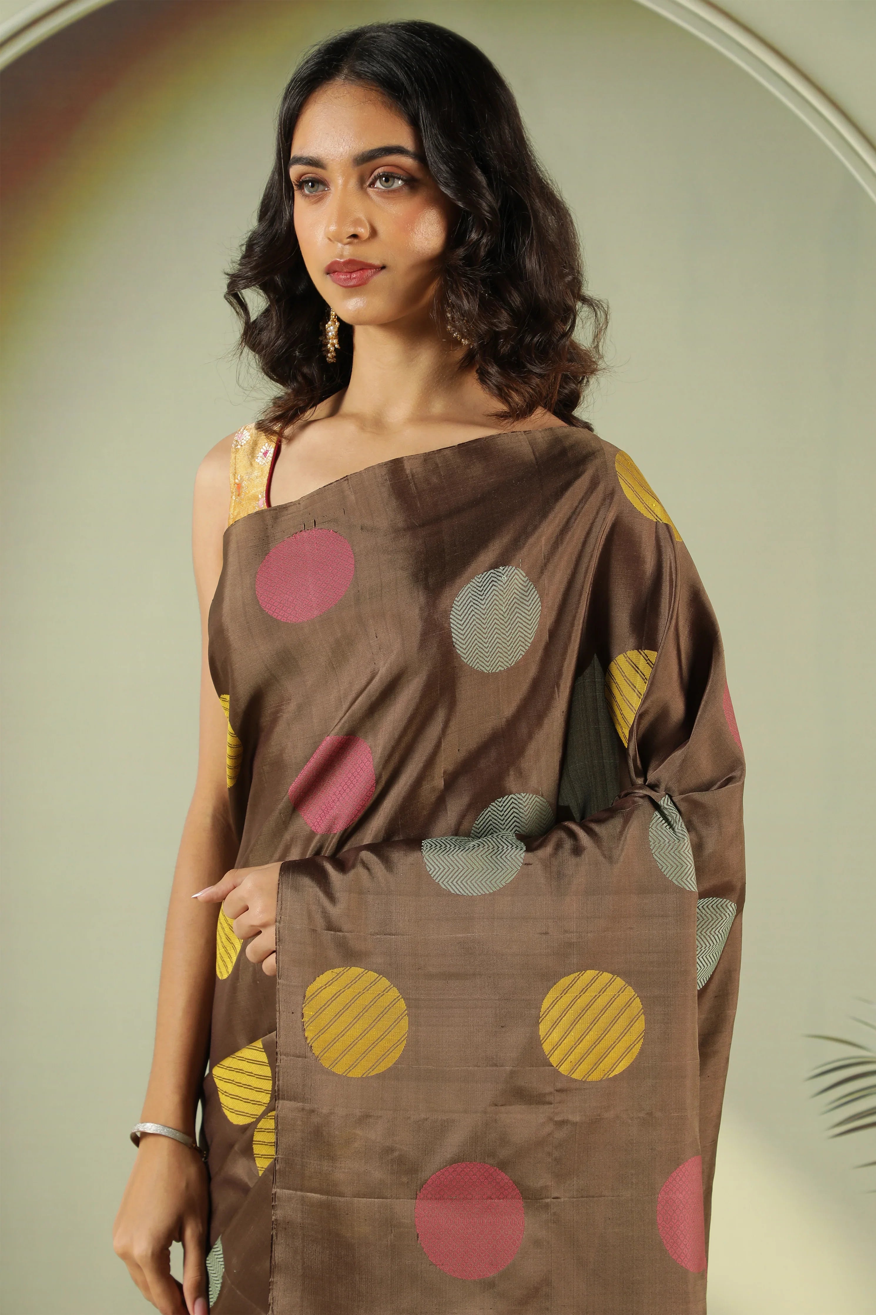 Brown Soft Silk Saree with Multi-Color Coin Butta - Mokshaa